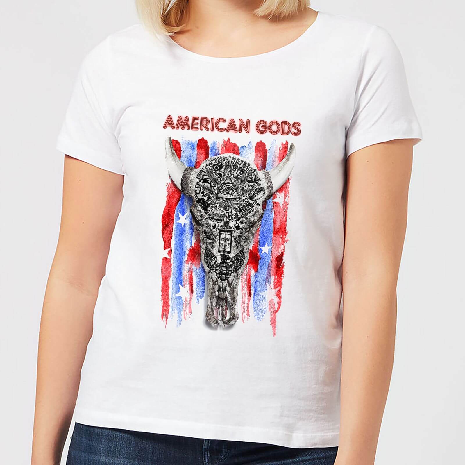 T-Shirt Femme American Gods Tête de Mort et Drapeau Américain - Blanc - M - Blanc