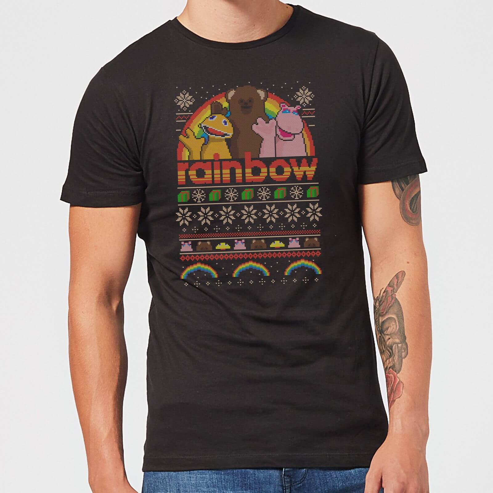 Rainbow Fairisle Weinachten Pullover Herren T-Shirt – Schwarz - 5XL