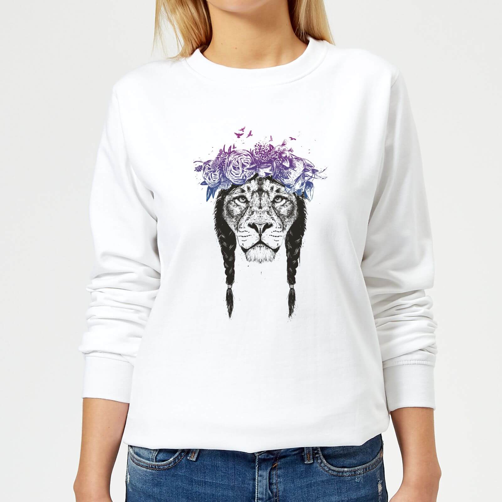 Lion And Flowers Women's Sweatshirt - White - XS - White