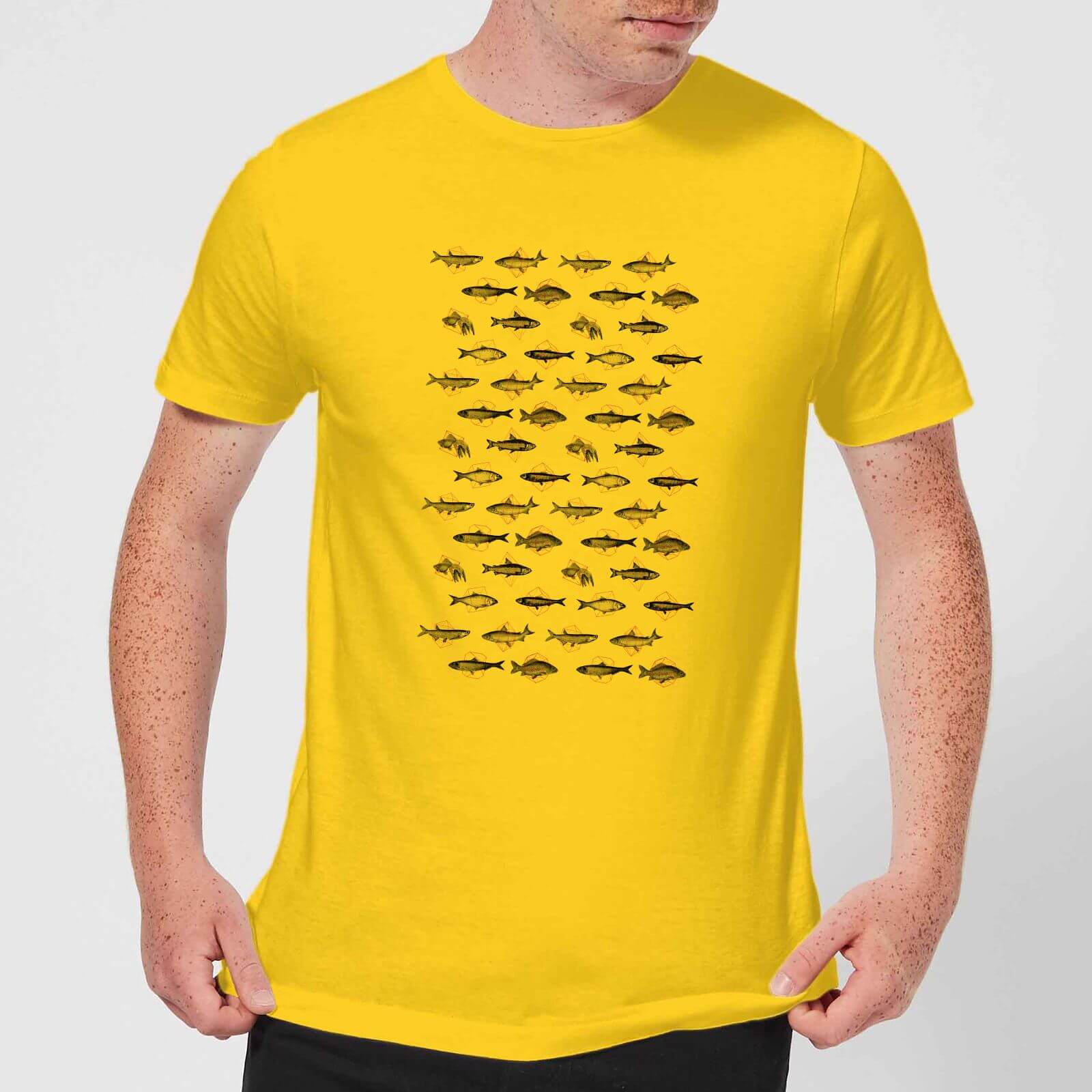 Florent Bodart Fish In Geometric Pattern Men's T-Shirt - Yellow - S - Yellow