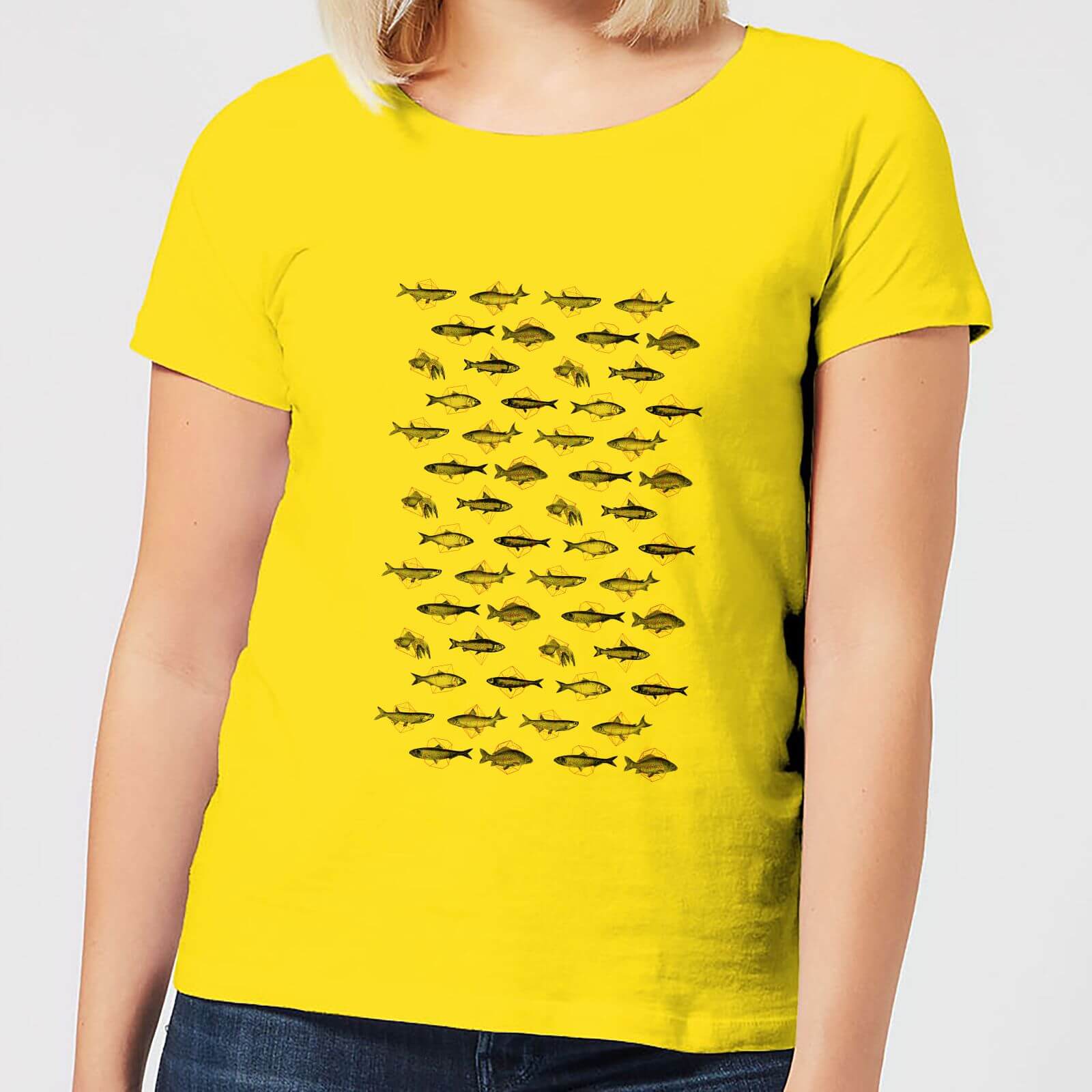 Florent Bodart Fish In Geometric Pattern Women's T-Shirt - Yellow - S - Yellow