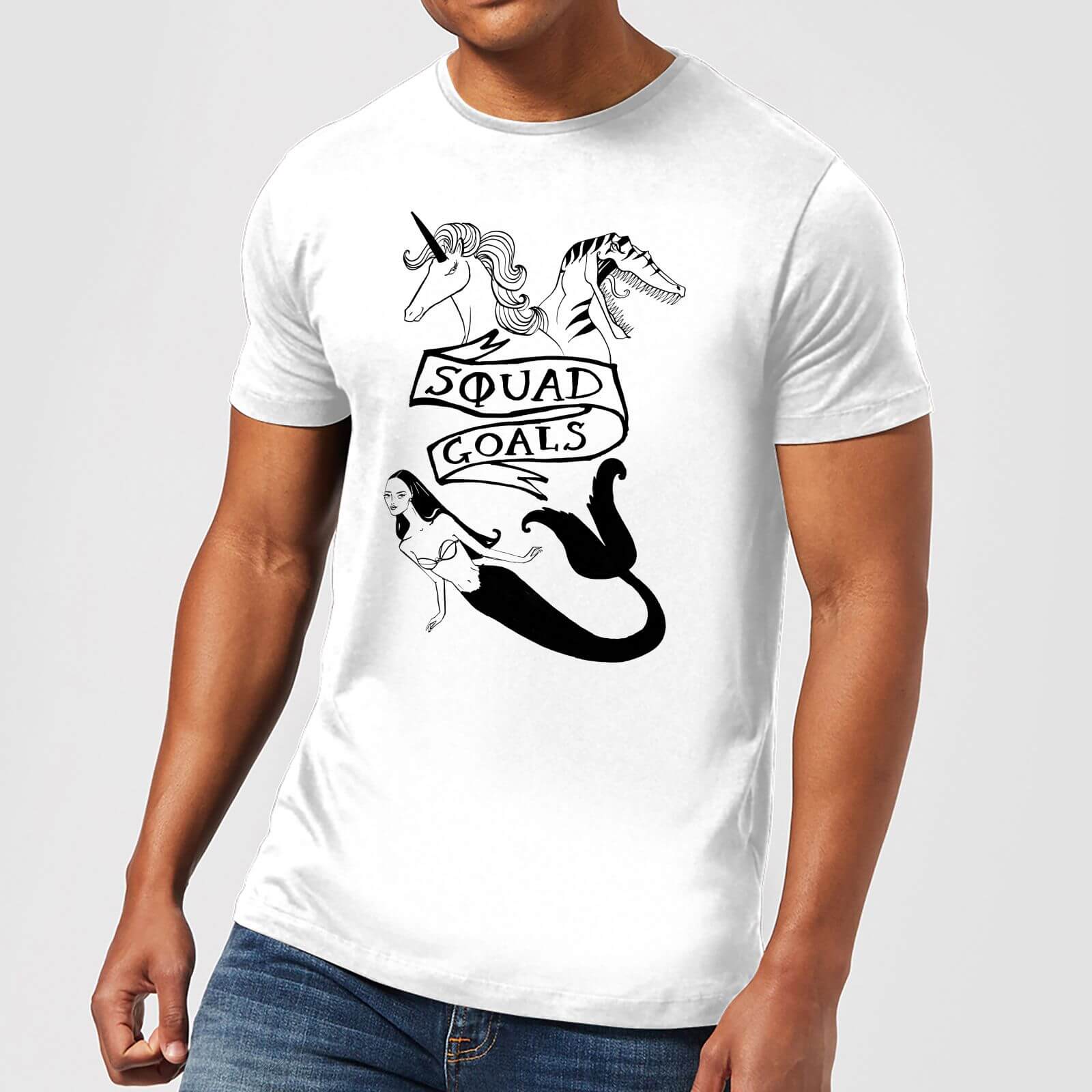 Rock On Ruby Mermaid, Unicorn and Dinosaur Squad Goals Men's T-Shirt - White - S - White