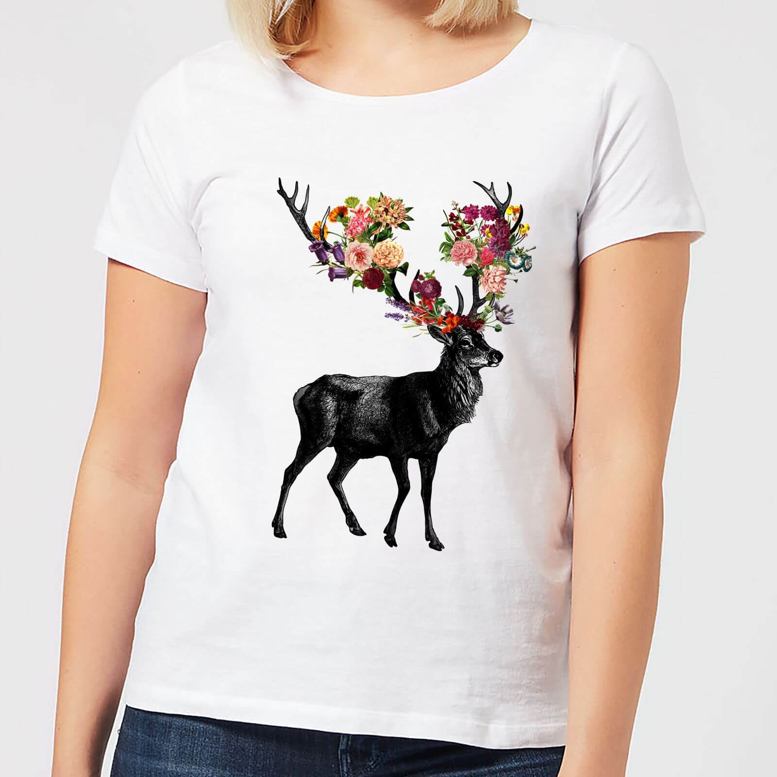 Spring Itself Deer Floral Women's T-Shirt - White - M - White