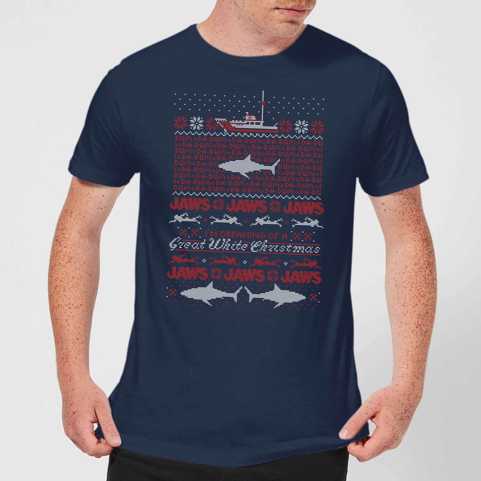 T-Shirt de Noel Homme Grand Requin Blanc Les Dents de La Mer - Bleu Marine - S