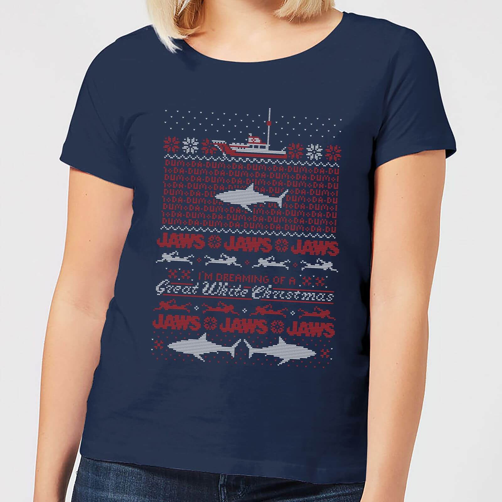 T-Shirt de Noel Femme Grand Requin Blanc Les Dents de La Mer - Bleu Marine - S