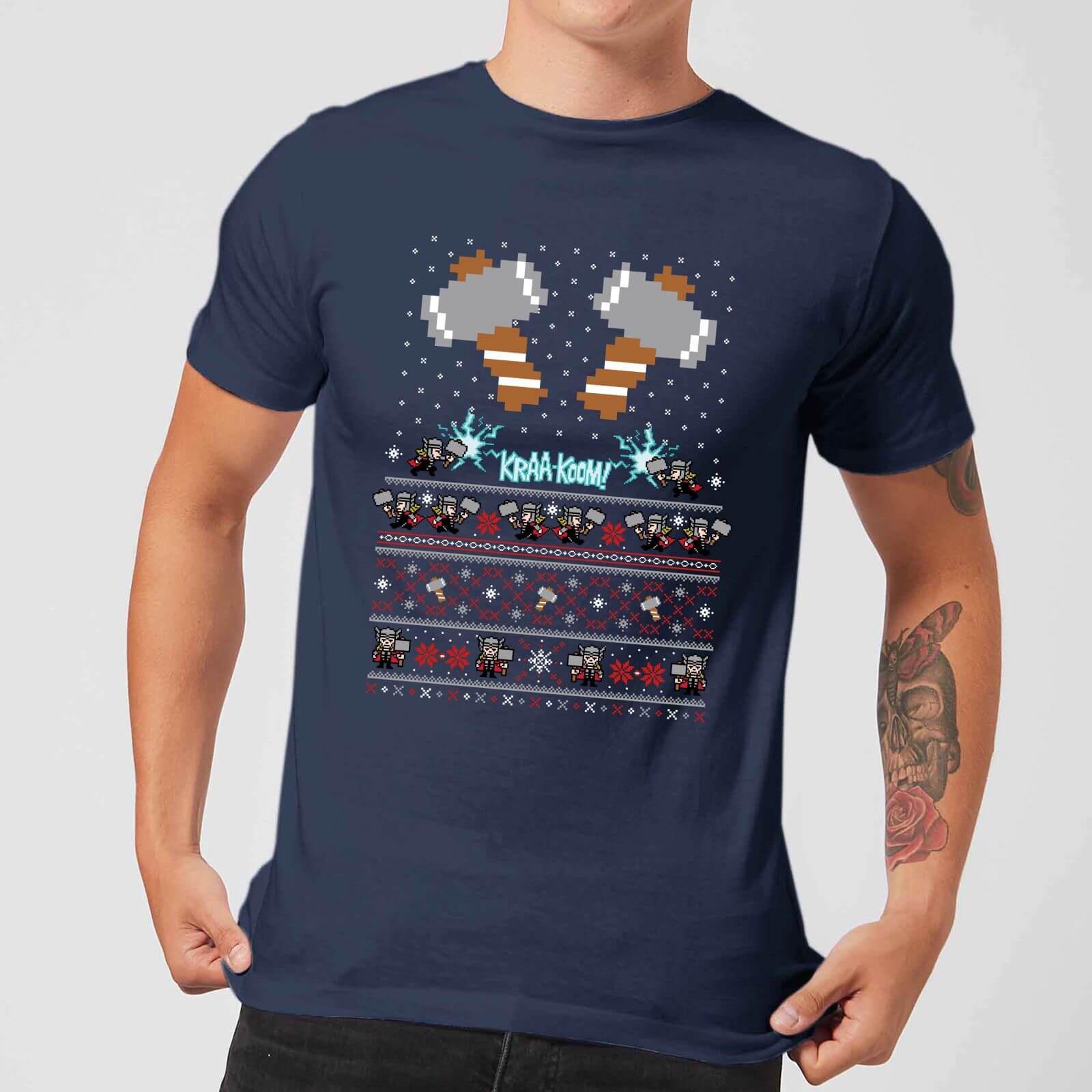 Marvel Avengers Thor Pixel Art Men's Christmas T-Shirt - Navy - L