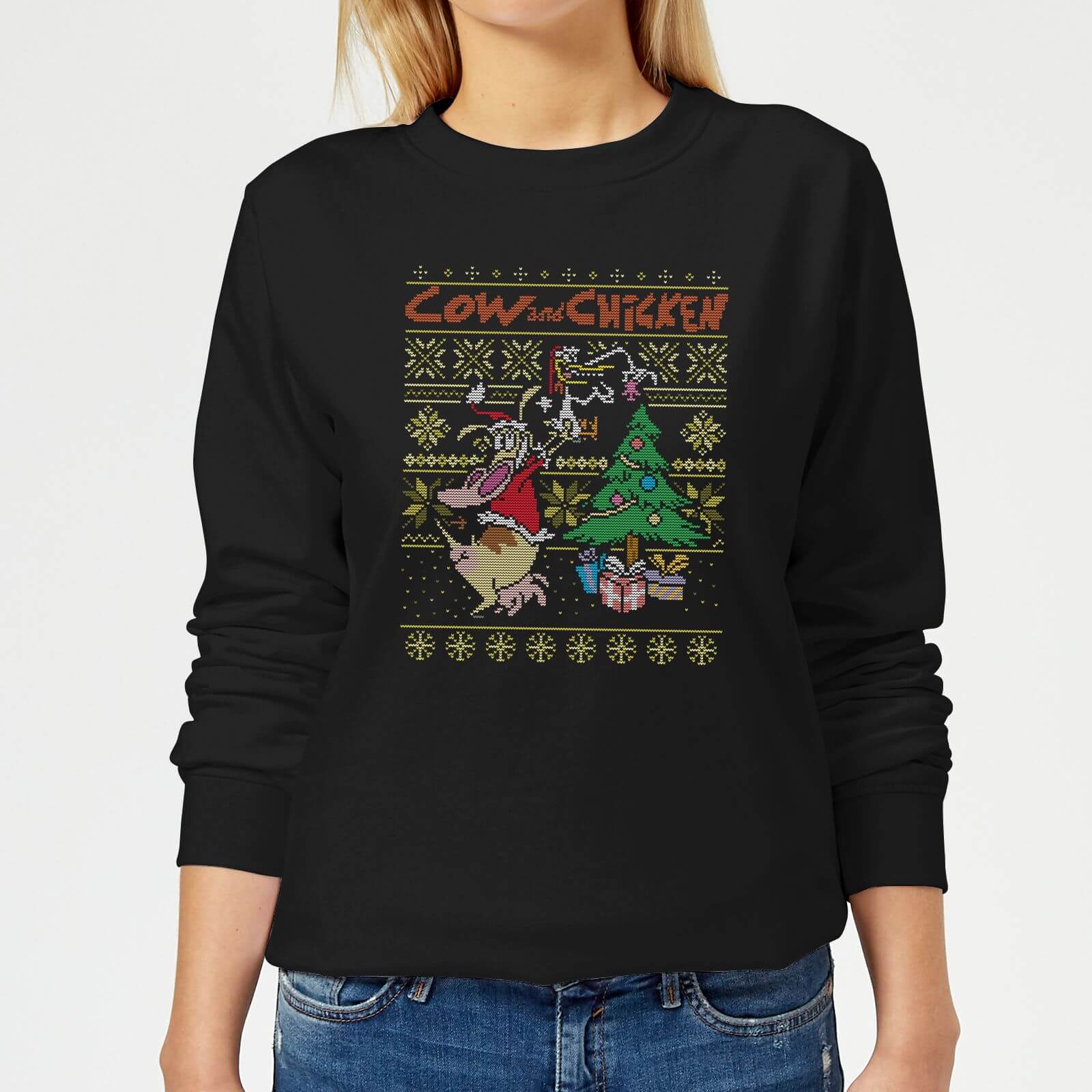 Cow and Chicken Cow And Chicken Pattern Women's Christmas Sweatshirt - Black - M