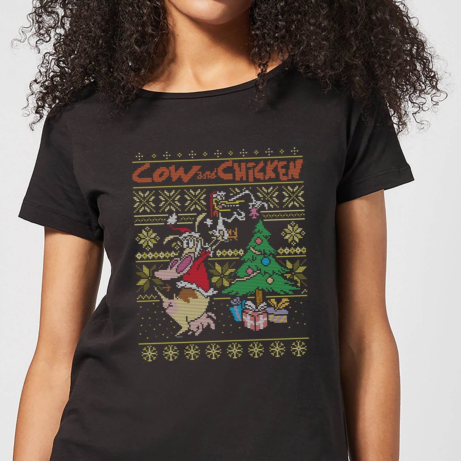 Cow and Chicken Cow And Chicken Pattern Women's Christmas T-Shirt - Black - XXL