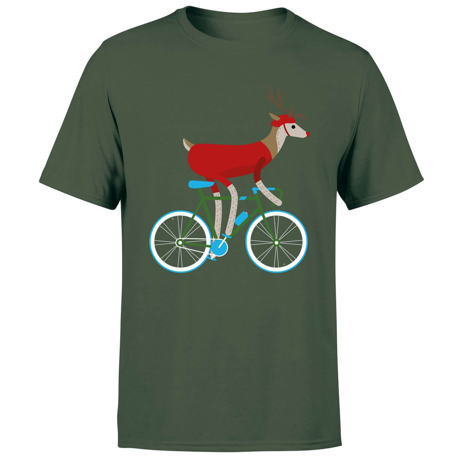 Image of Biking Reindeer Men's Christmas T-Shirt - Forest Green - S