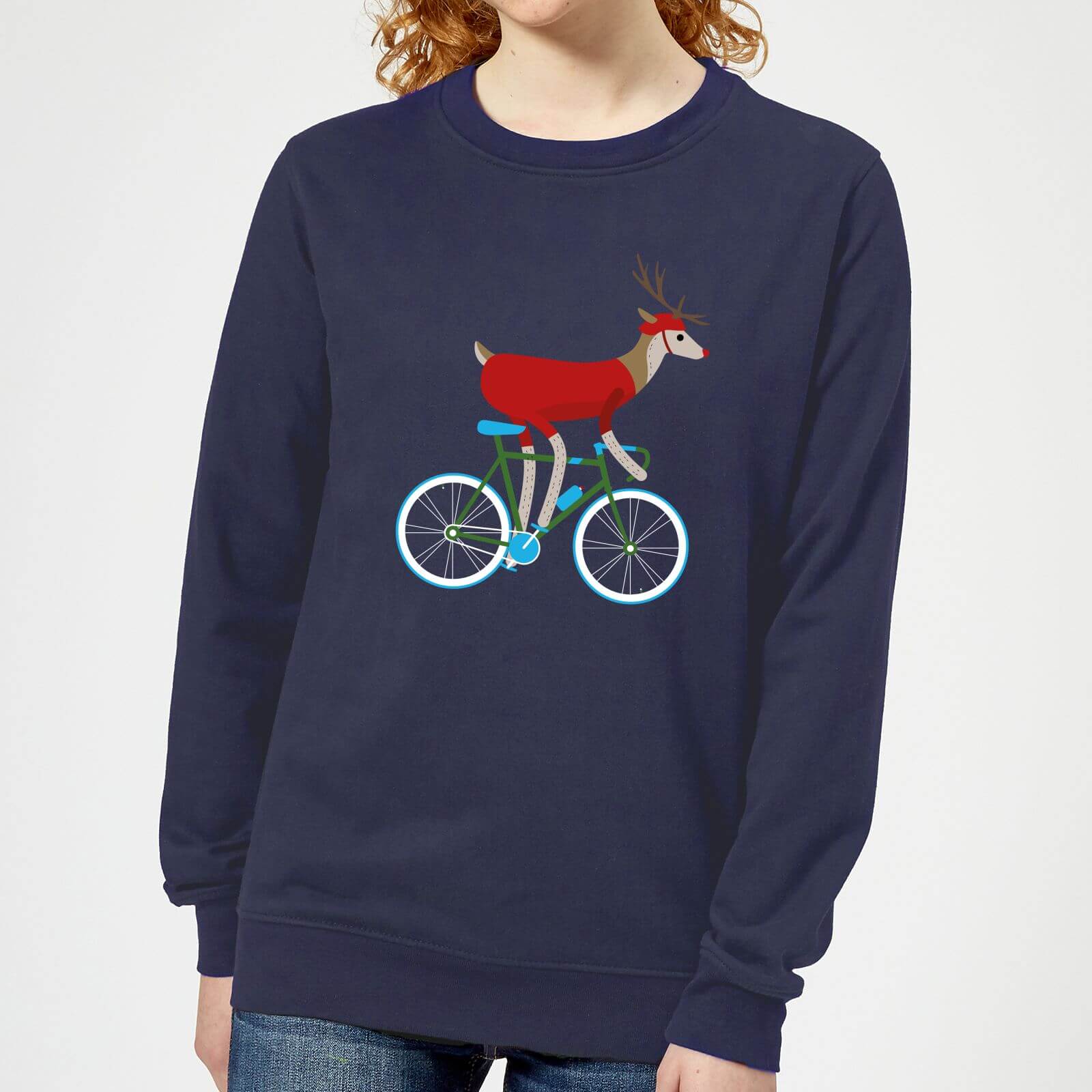 Biking Reindeer Women's Christmas Sweatshirt - Navy - XS - Navy