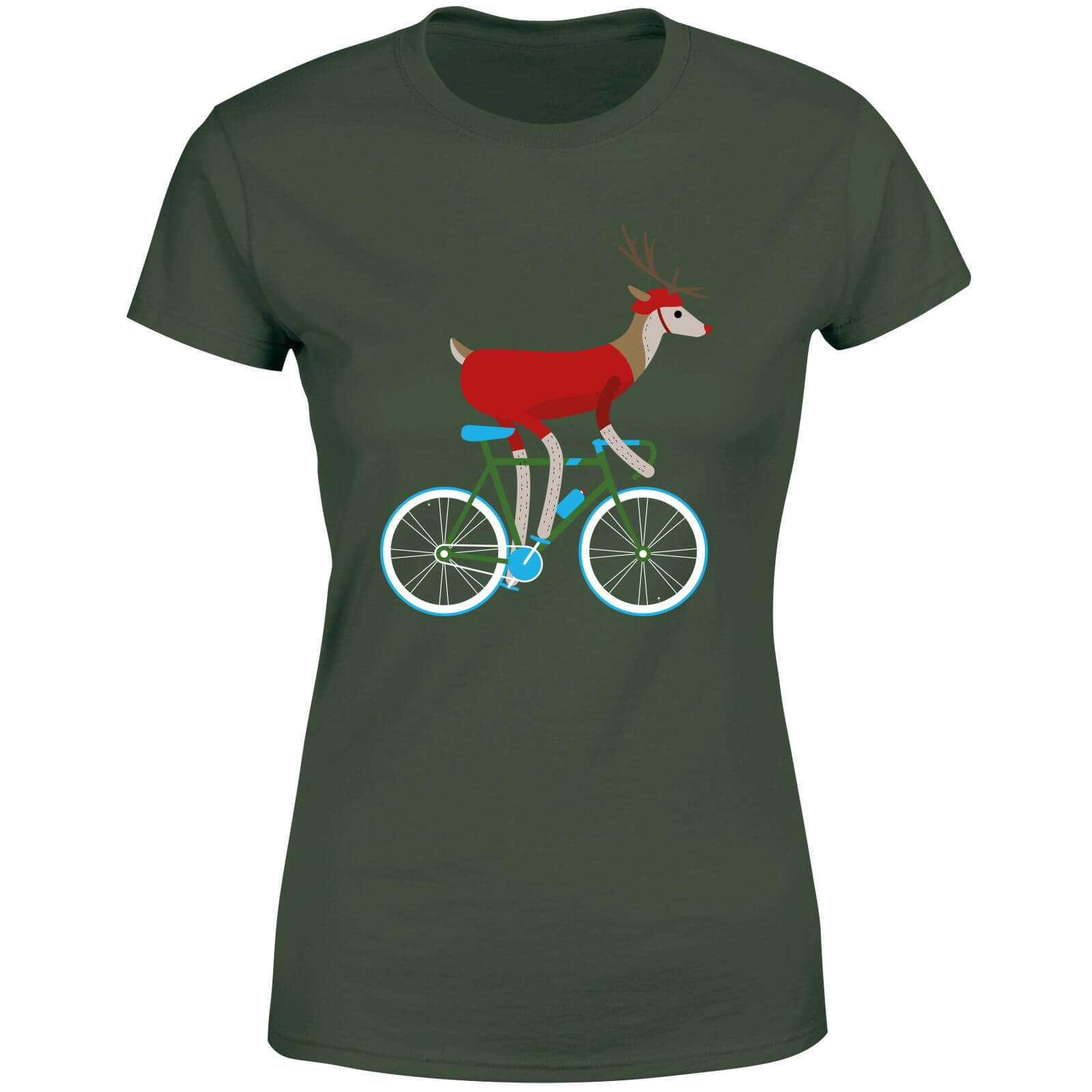 Biking Reindeer Women's Christmas T-Shirt - Forest Green - XL - Forest Green