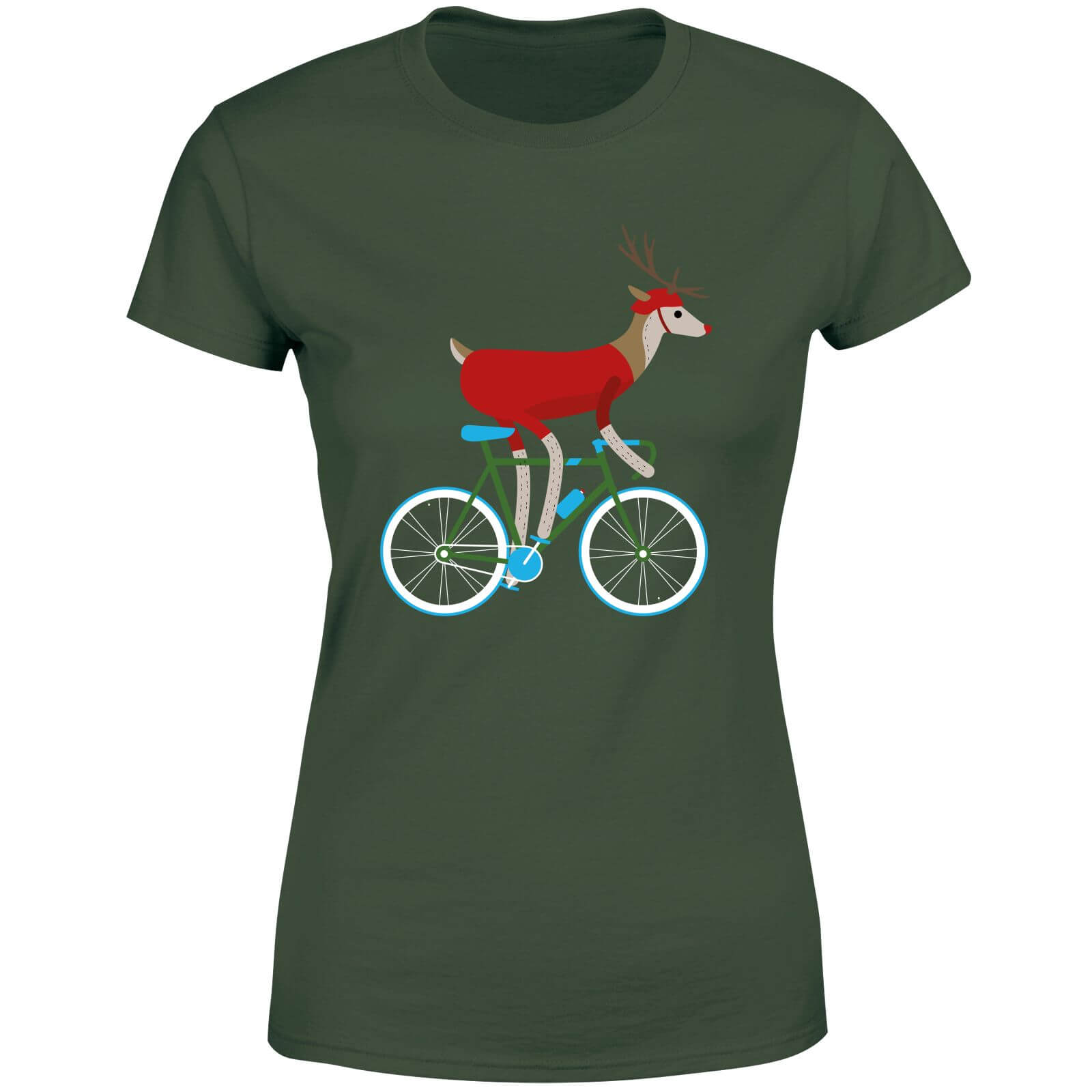 Biking Reindeer Women's Christmas T-Shirt - Forest Green - S - Forest Green