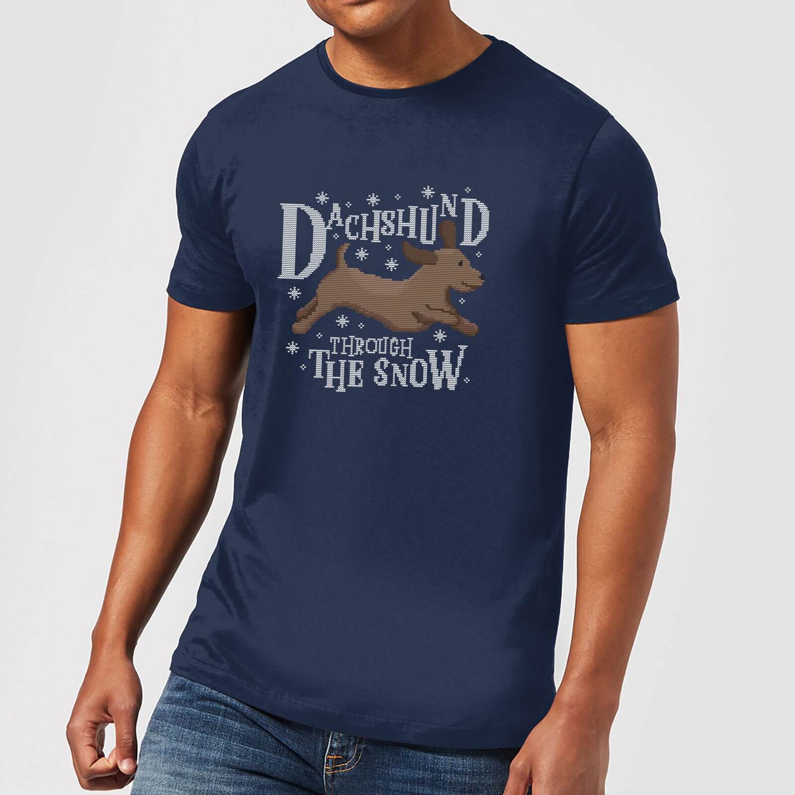 Dachshund Through The Snow Men's Christmas T-Shirt - Navy - L