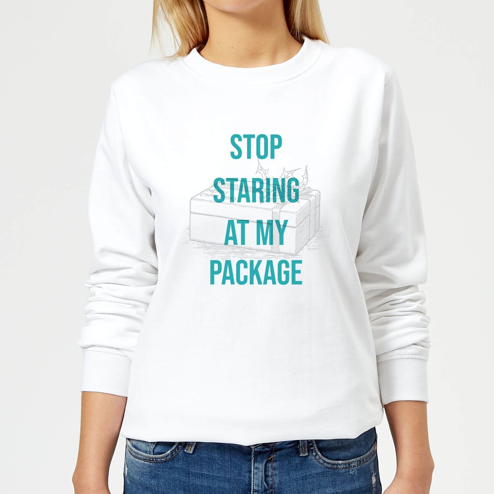 Stop Staring At My Package Women's Christmas Sweatshirt - White - XS - White