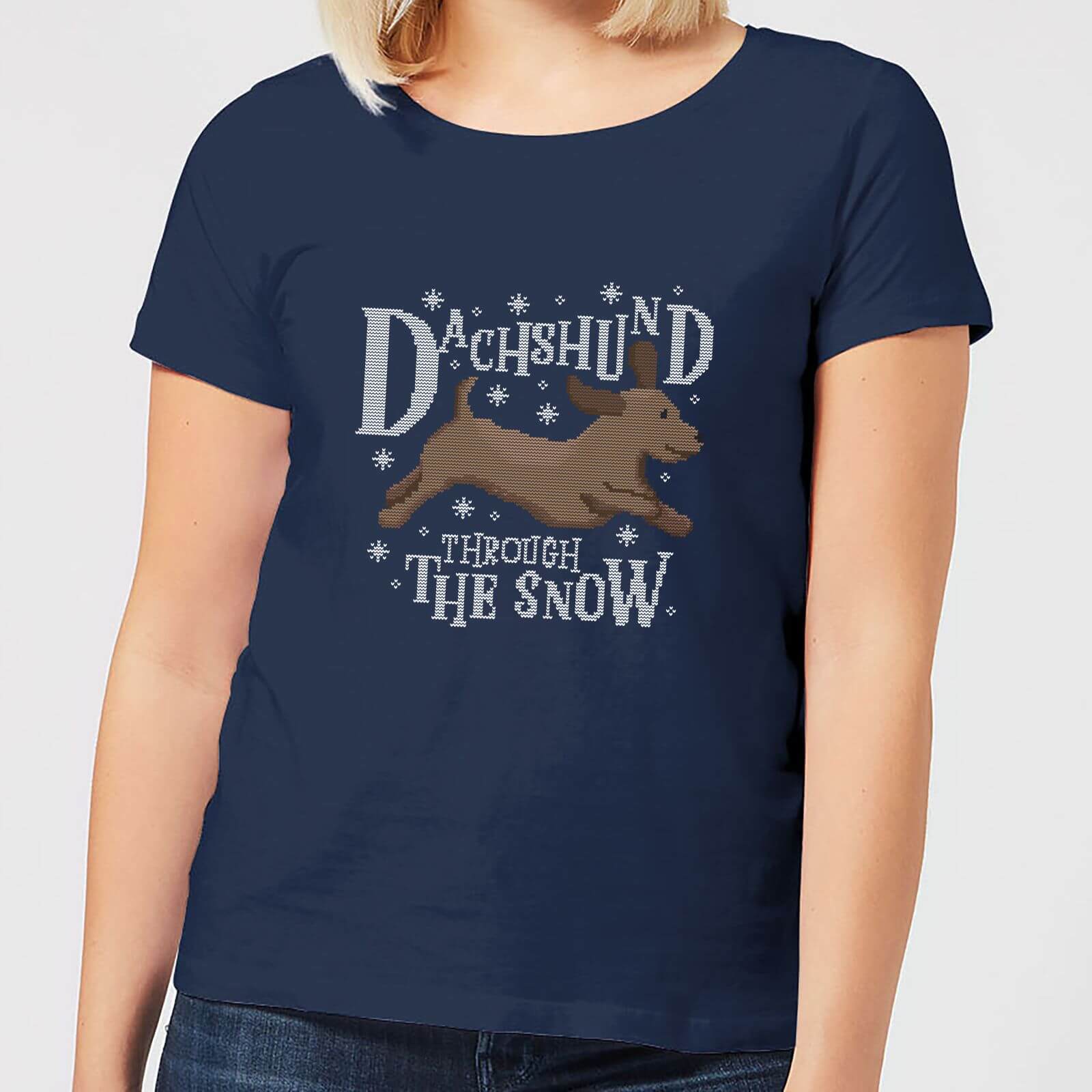 Dachshund Through The Snow Women's Christmas T-Shirt - Navy - S - Navy