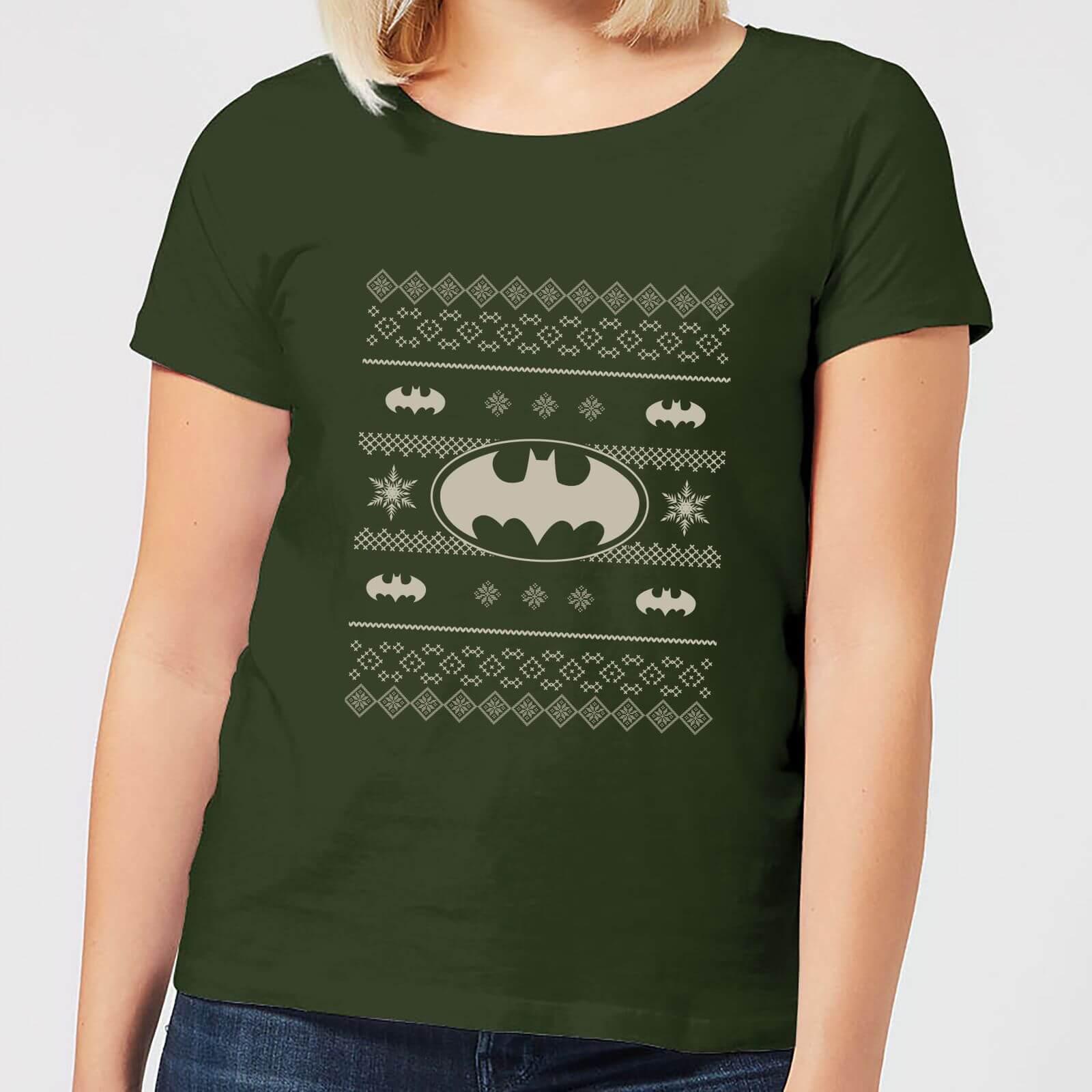 DC Comics Batman Knit Pattern Women's Christmas T-Shirt in Forest Green - S - Forest Green
