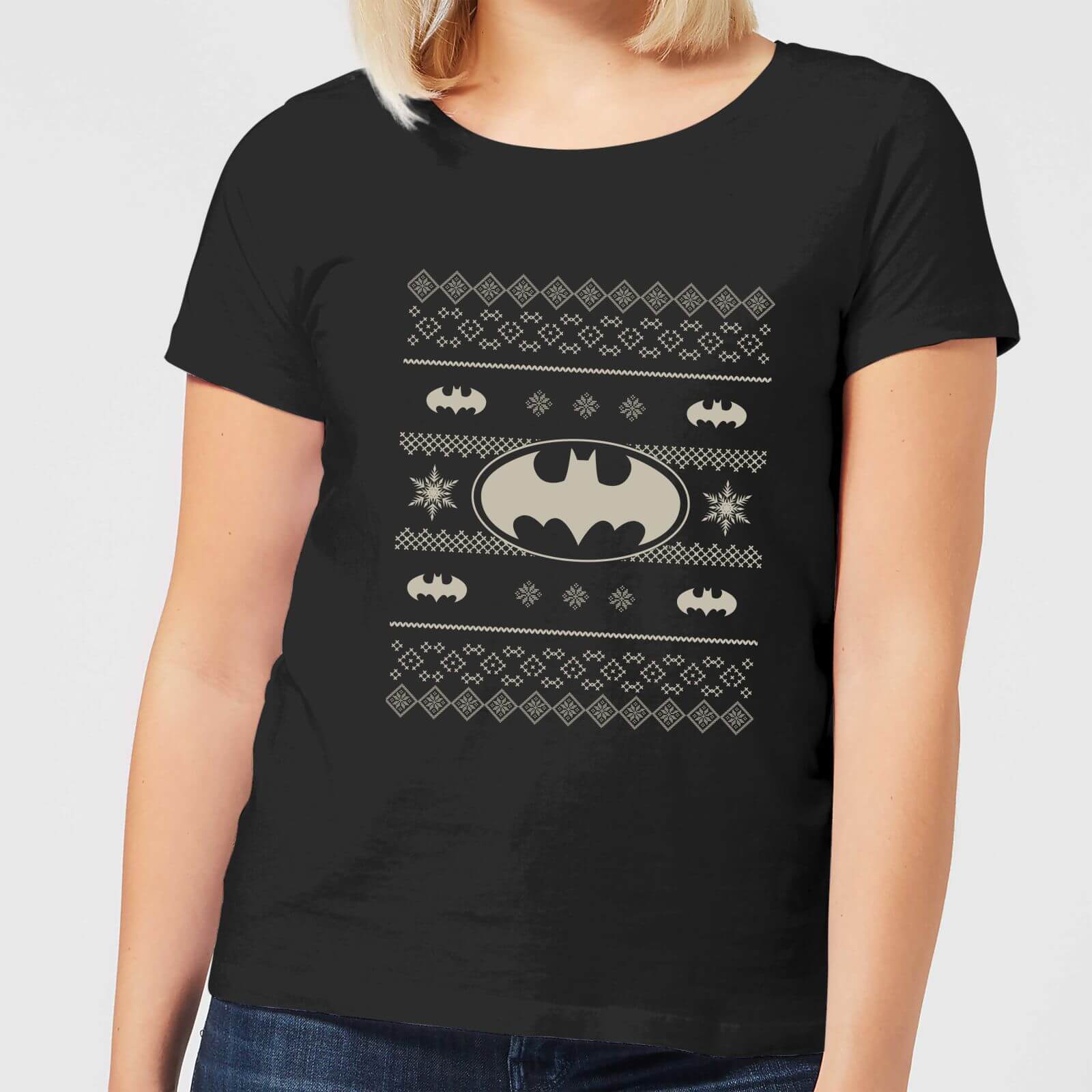DC Comics Batman Knit Pattern Women's Christmas T-Shirt in Black - S - Black
