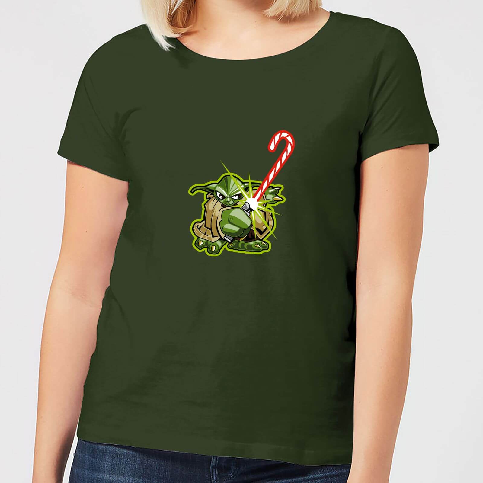 Star Wars Candy Cane Yoda Women’s Christmas T-Shirt – Forest Green – S