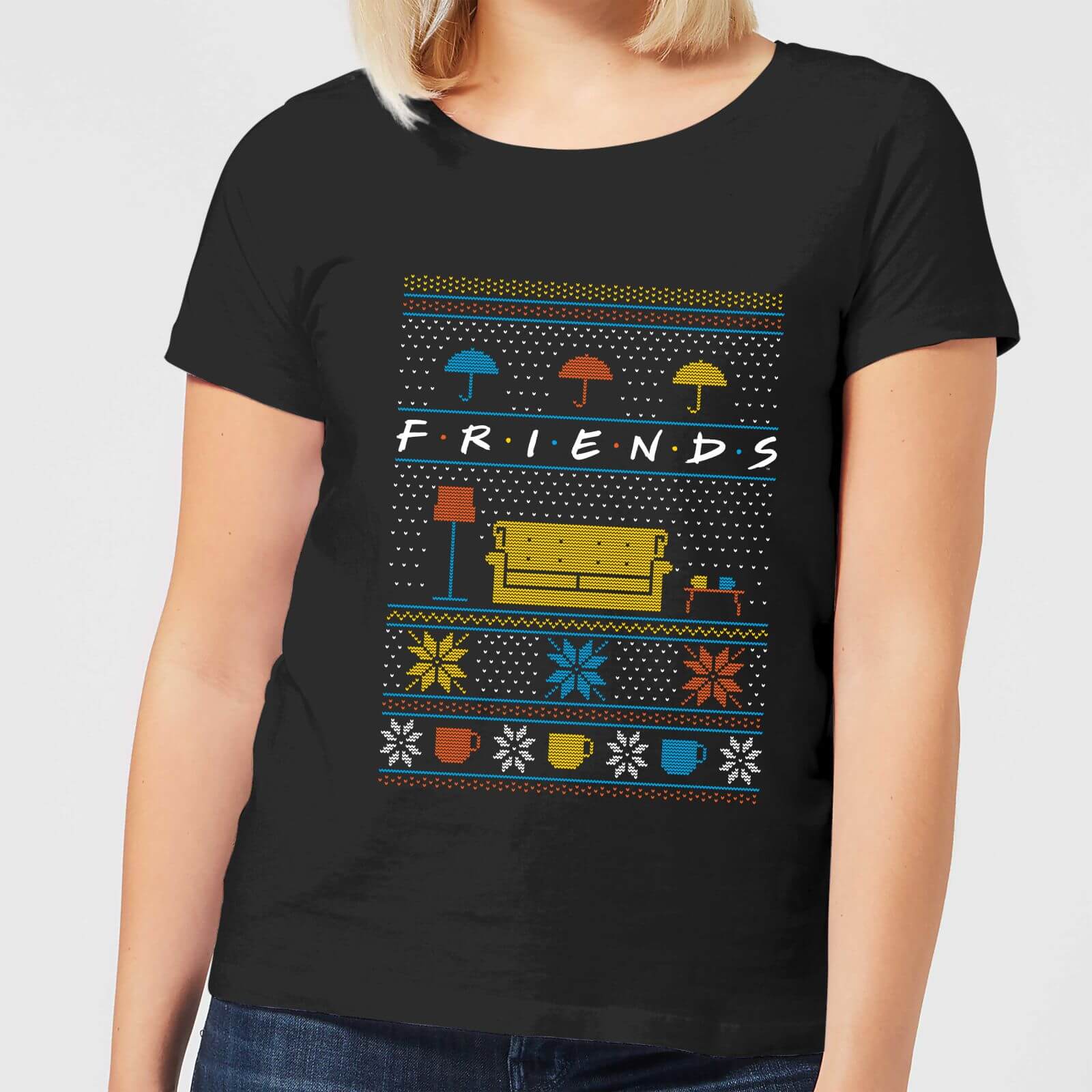 Friends sofa knit women's christmas t-shirt - black - m