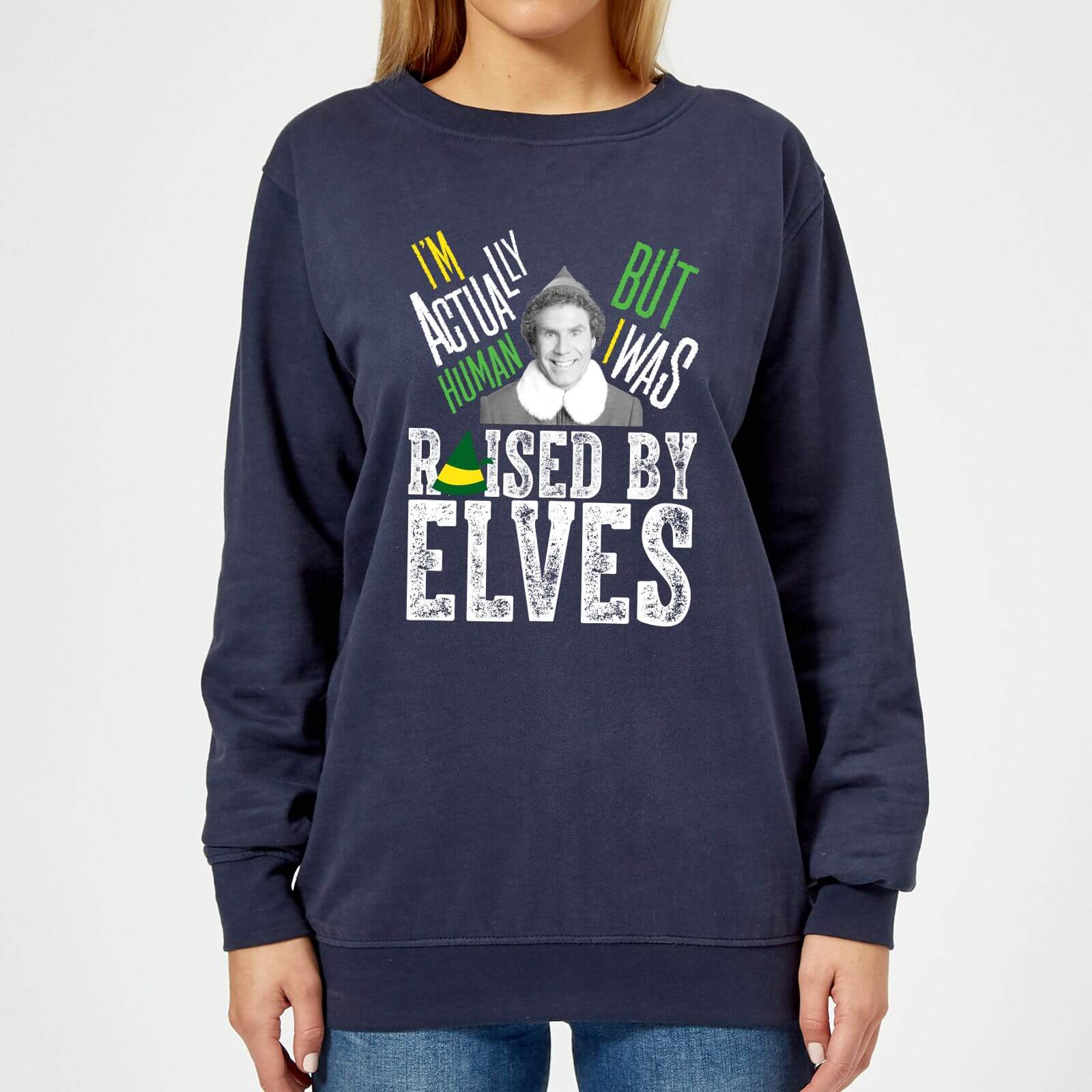 Elf Raised By Elves Damen Weihnachtspullover - Navy Blau - XXL