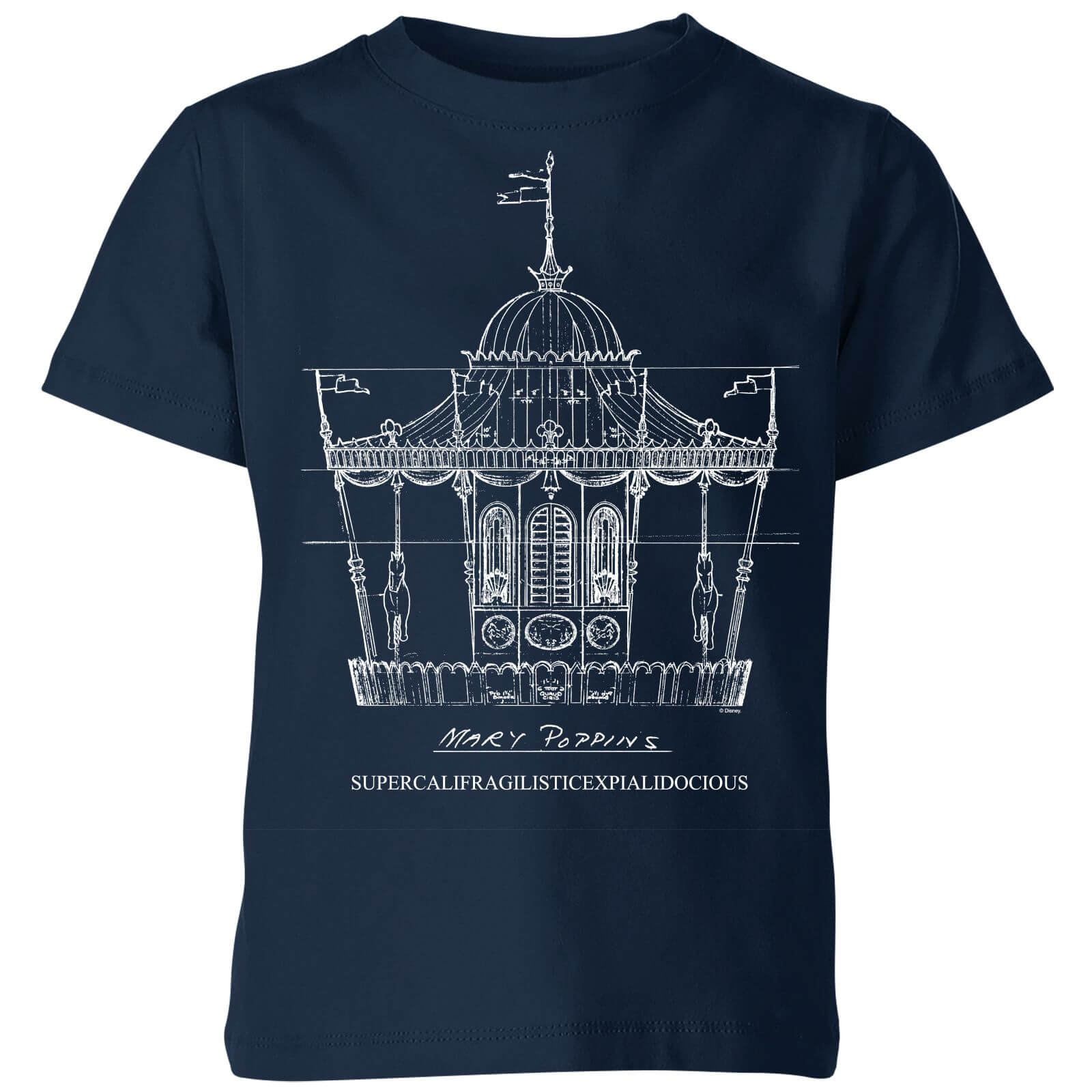Mary Poppins Carousel Sketch Kids' Christmas T-Shirt - Navy - 3-4 Years - Navy