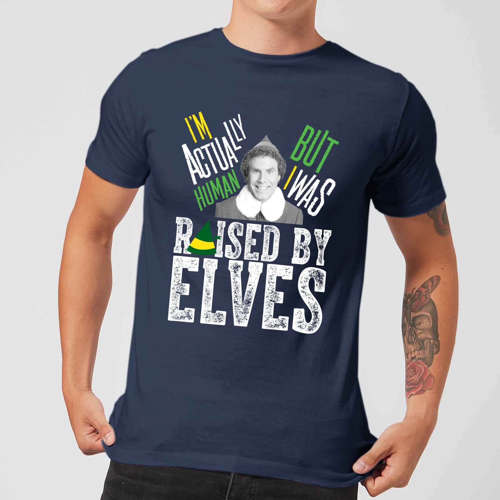 Image of Elf Raised By Elves Herren Christmas T-Shirt - Navy Blau - L