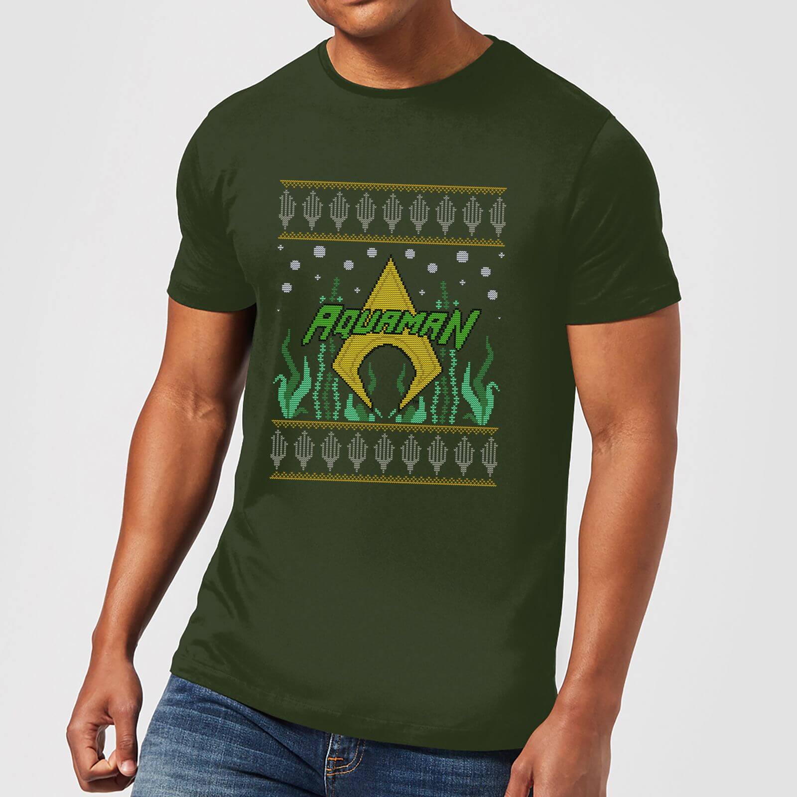 Image of DC Aquaman Knit Herren Christmas T-Shirt - Dunkelgrün - S - Forest Green