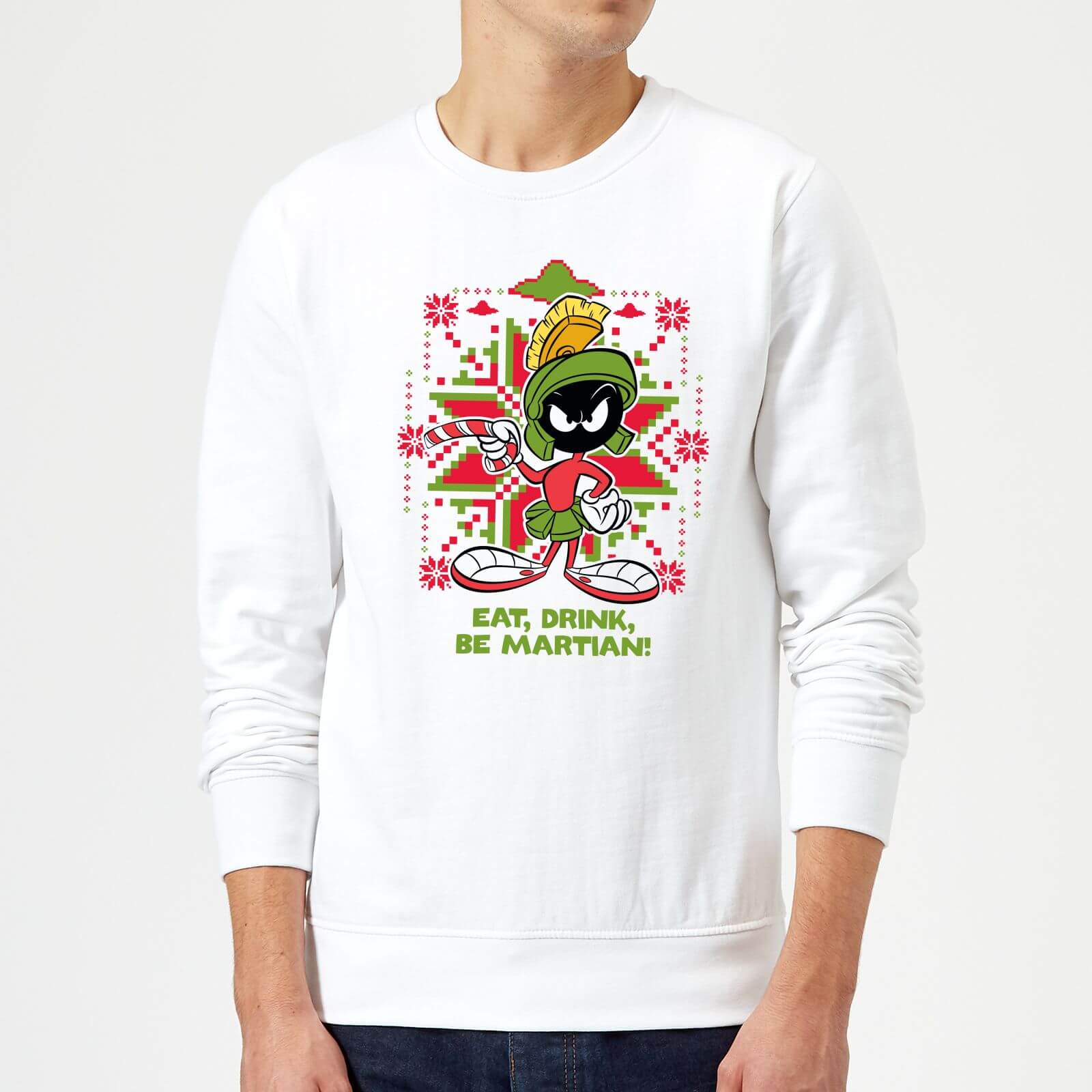 Looney Tunes Eat Drink Be Martian Christmas Sweater - White - M