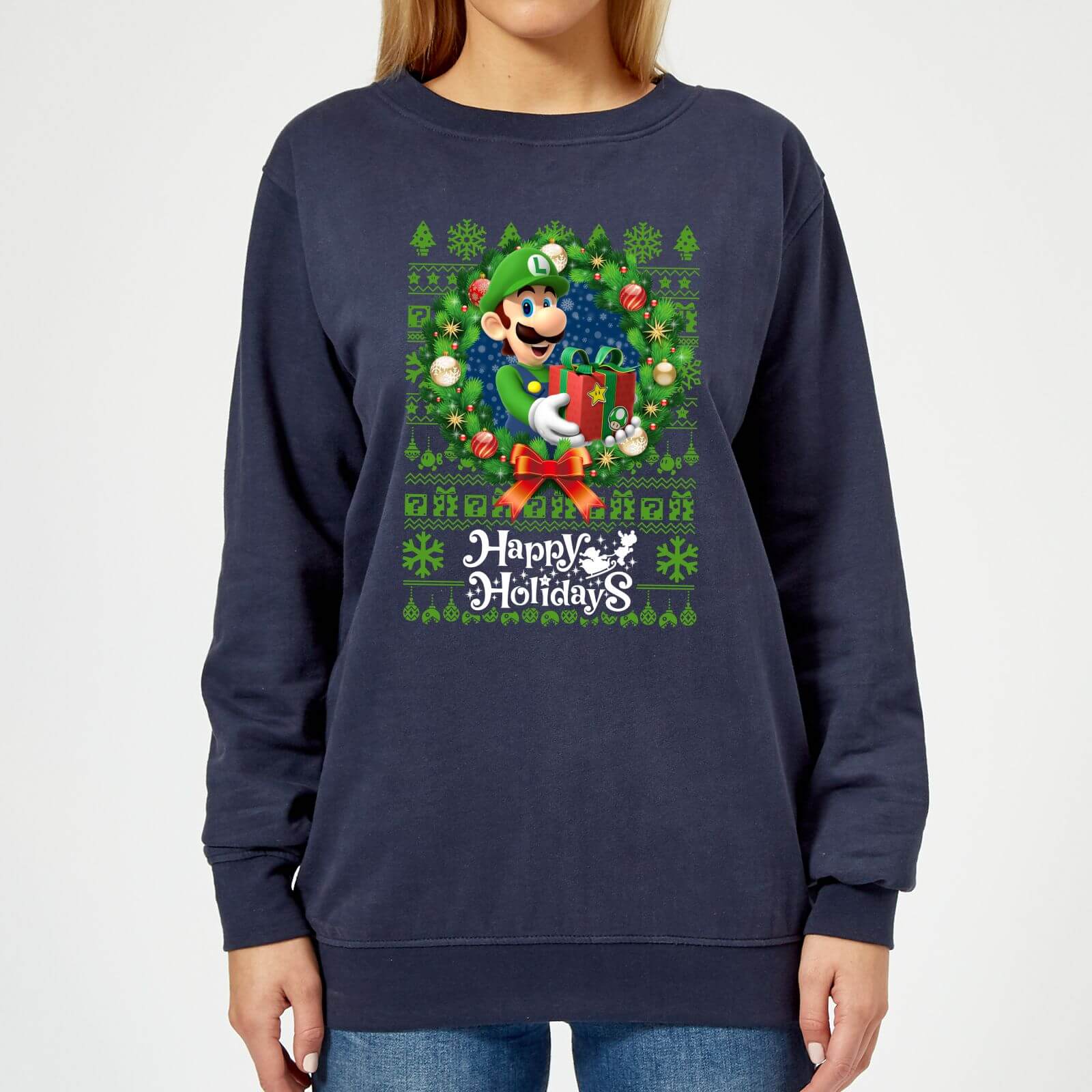 Nintendo Super Mario Happy Holidays Luigi Women's Christmas Sweatshirt - Navy - S