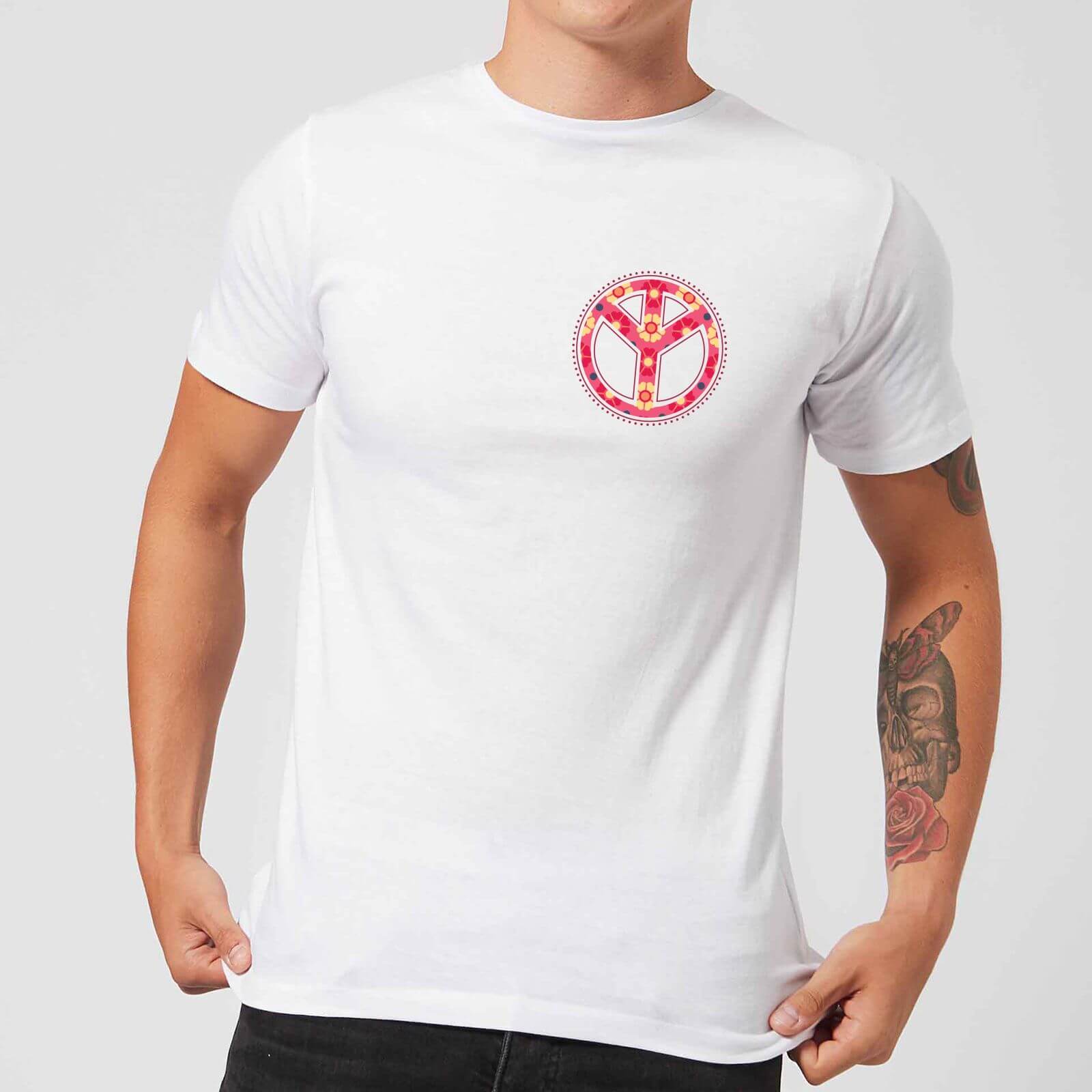 Floral Pattern Peace Symbol Men's T-Shirt - White - XS - White
