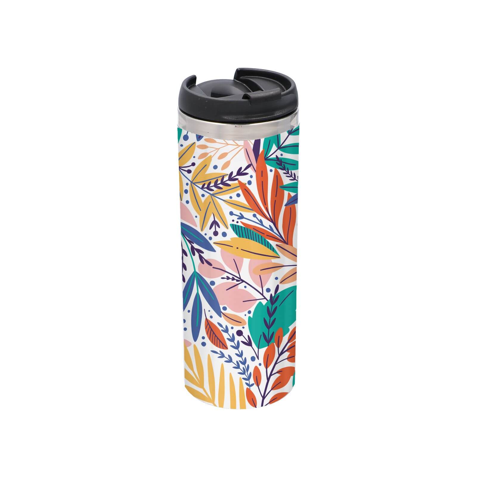 Colourful Leaf Print Stainless Steel Thermo Travel Mug - Metallic Finish