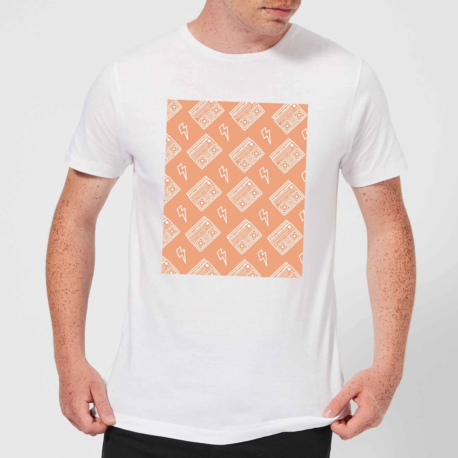 Boombox Pattern Orange Men's T-Shirt - White - XS - White
