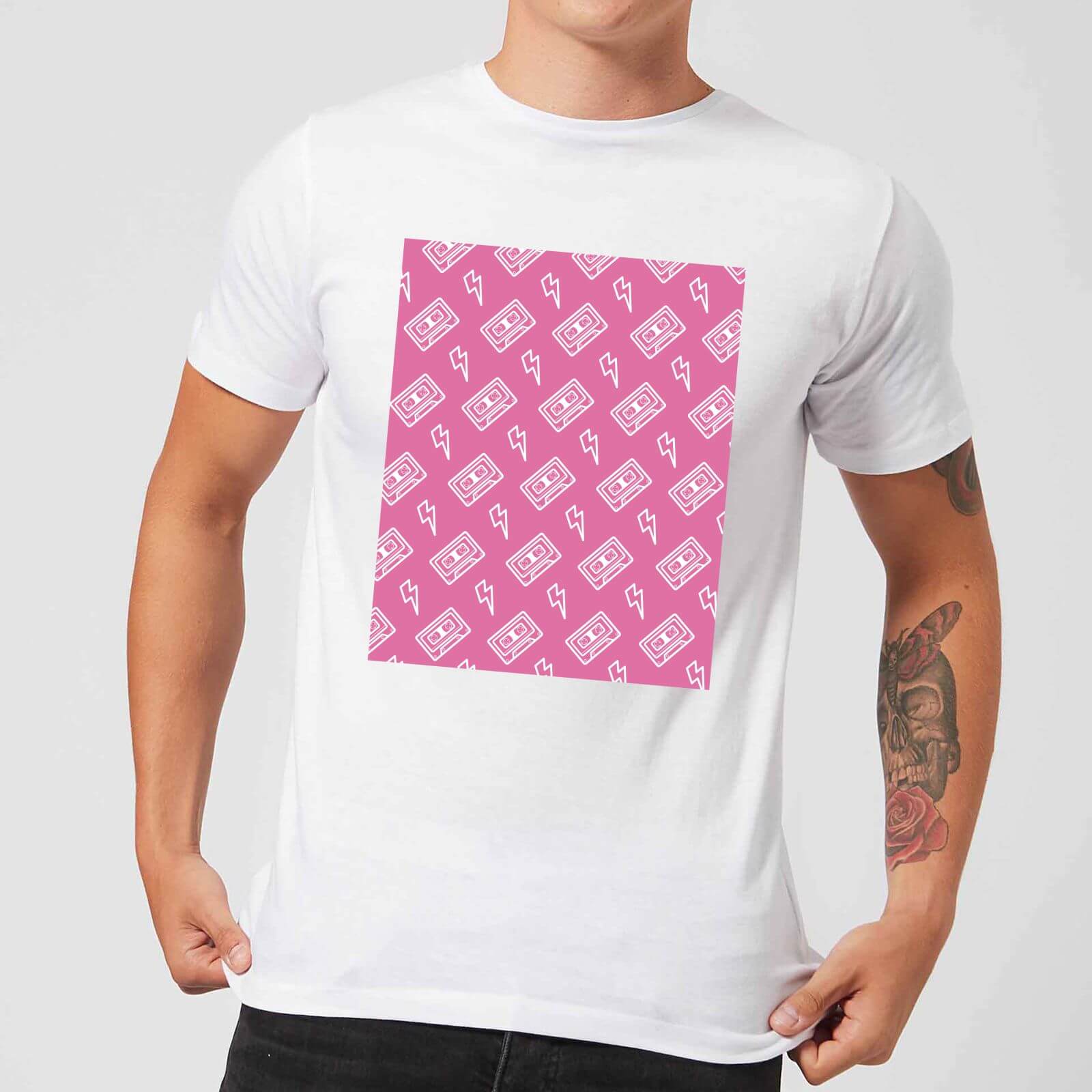 Cassette Tape Pattern Pink Men's T-Shirt - White - XS - White