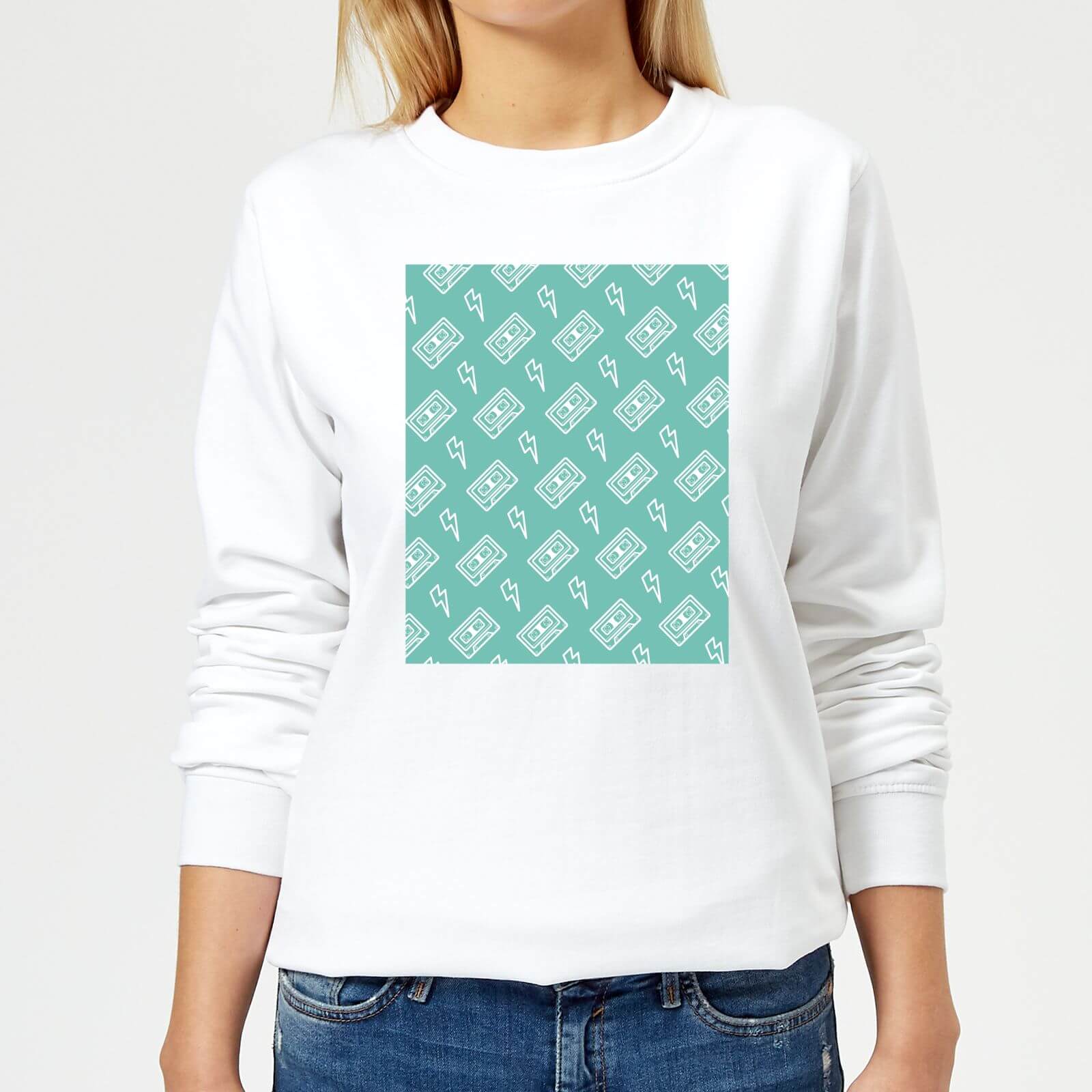 Cassette Tape Pattern Green Women's Sweatshirt - White - XS - White