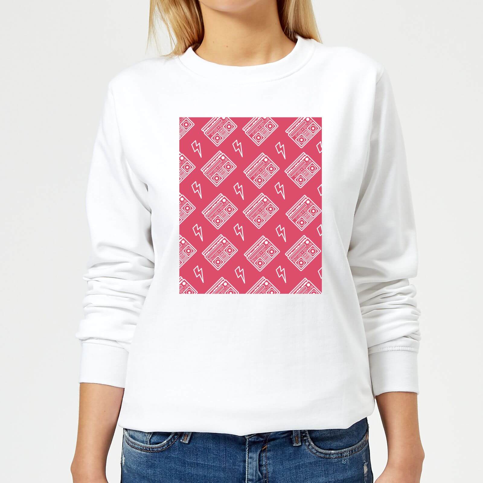 Boombox Pattern Pink Women's Sweatshirt - White - XS - White