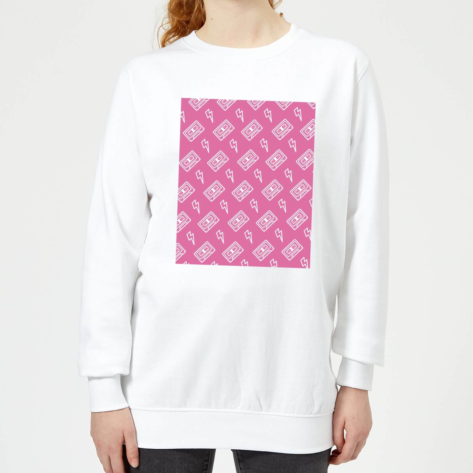 Cassette Tape Pattern Pink Women's Sweatshirt - White - M