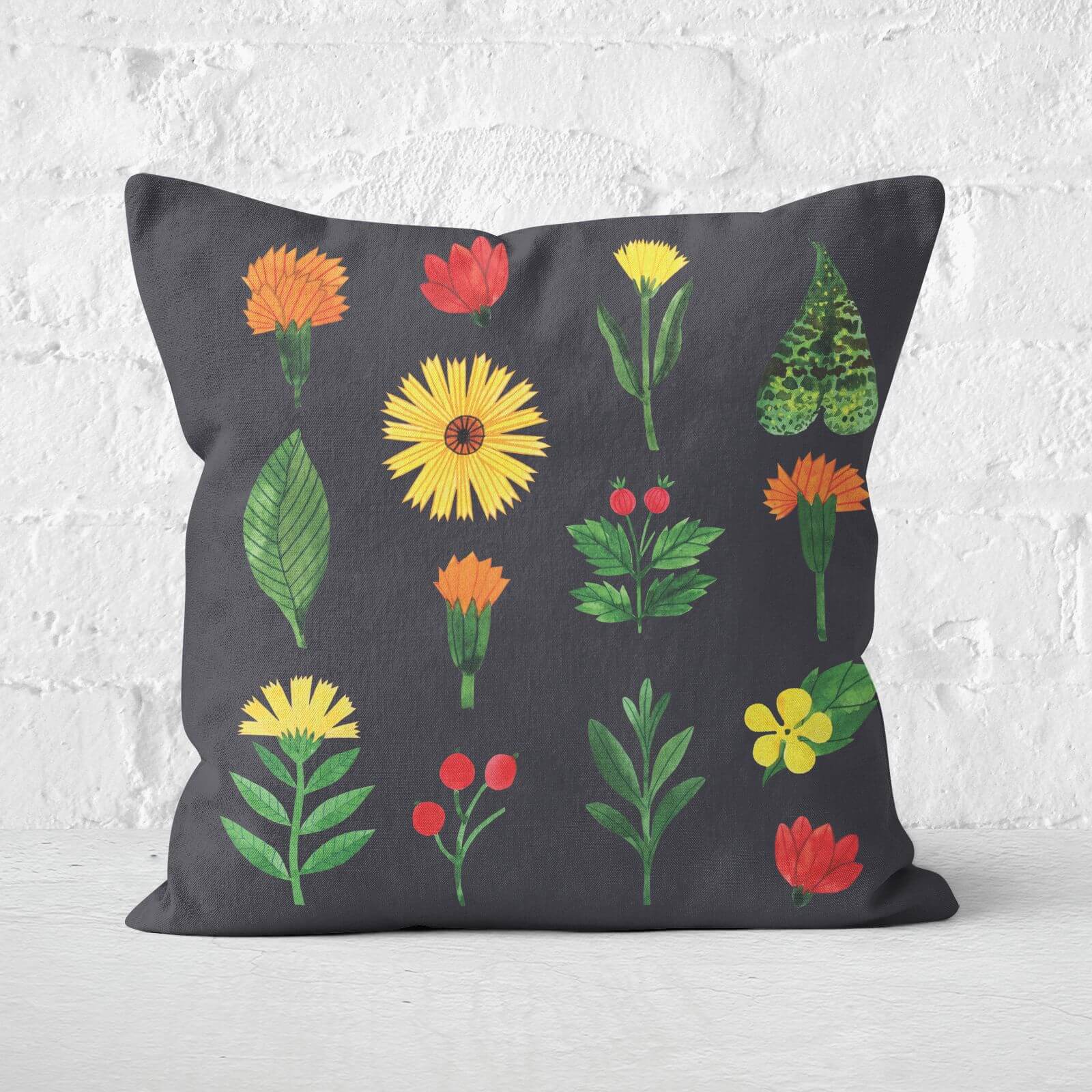 Dark Botanical Flowers Square Cushion - 60x60cm - Soft Touch