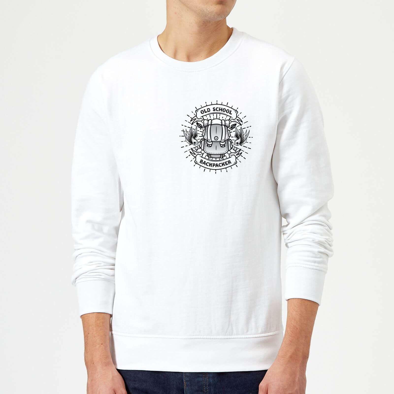 Vintage Old School Backpacker Pocket Print Sweatshirt - White - L - White