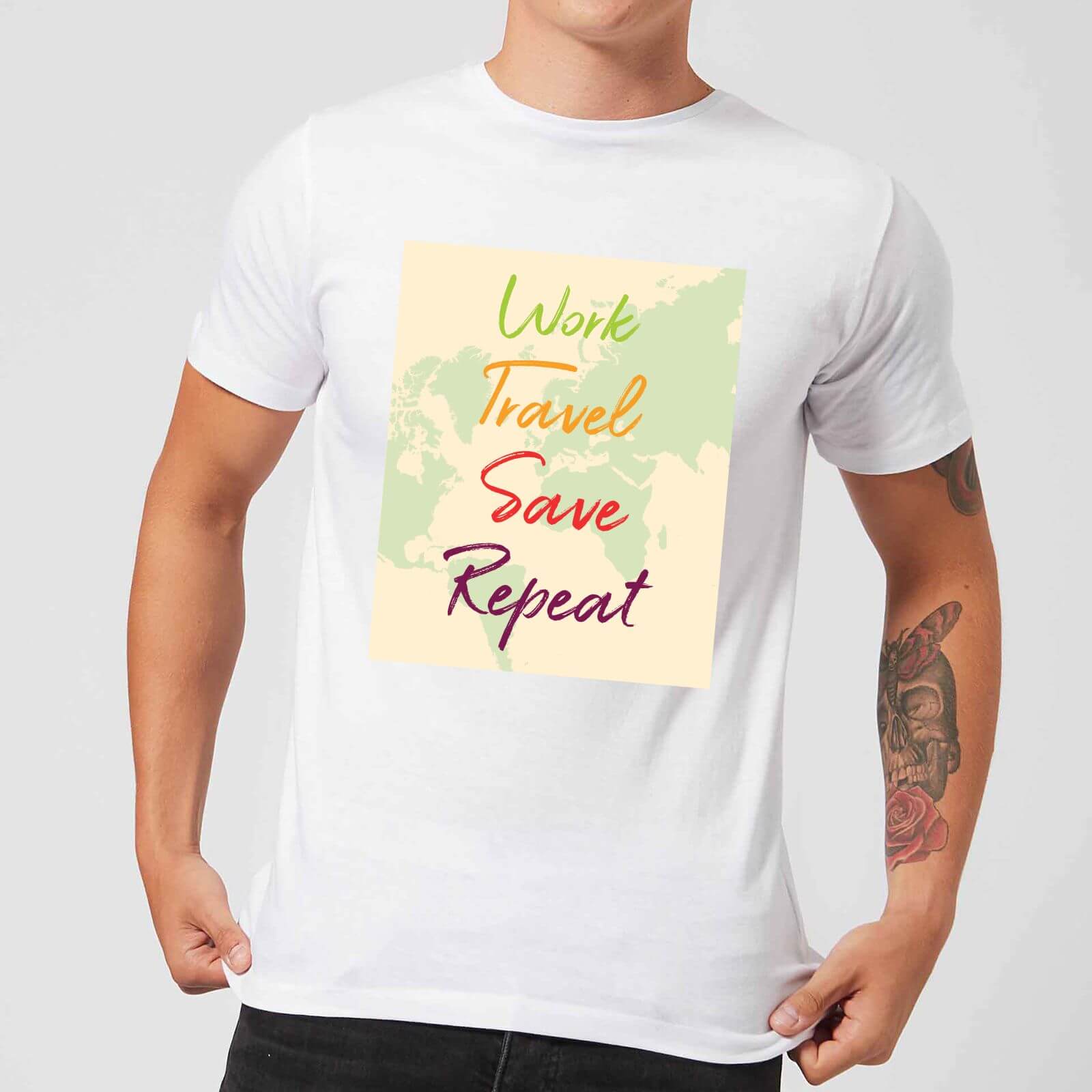 Work Travel Save Repeat Map Background Men's T-Shirt - White - XXL - White