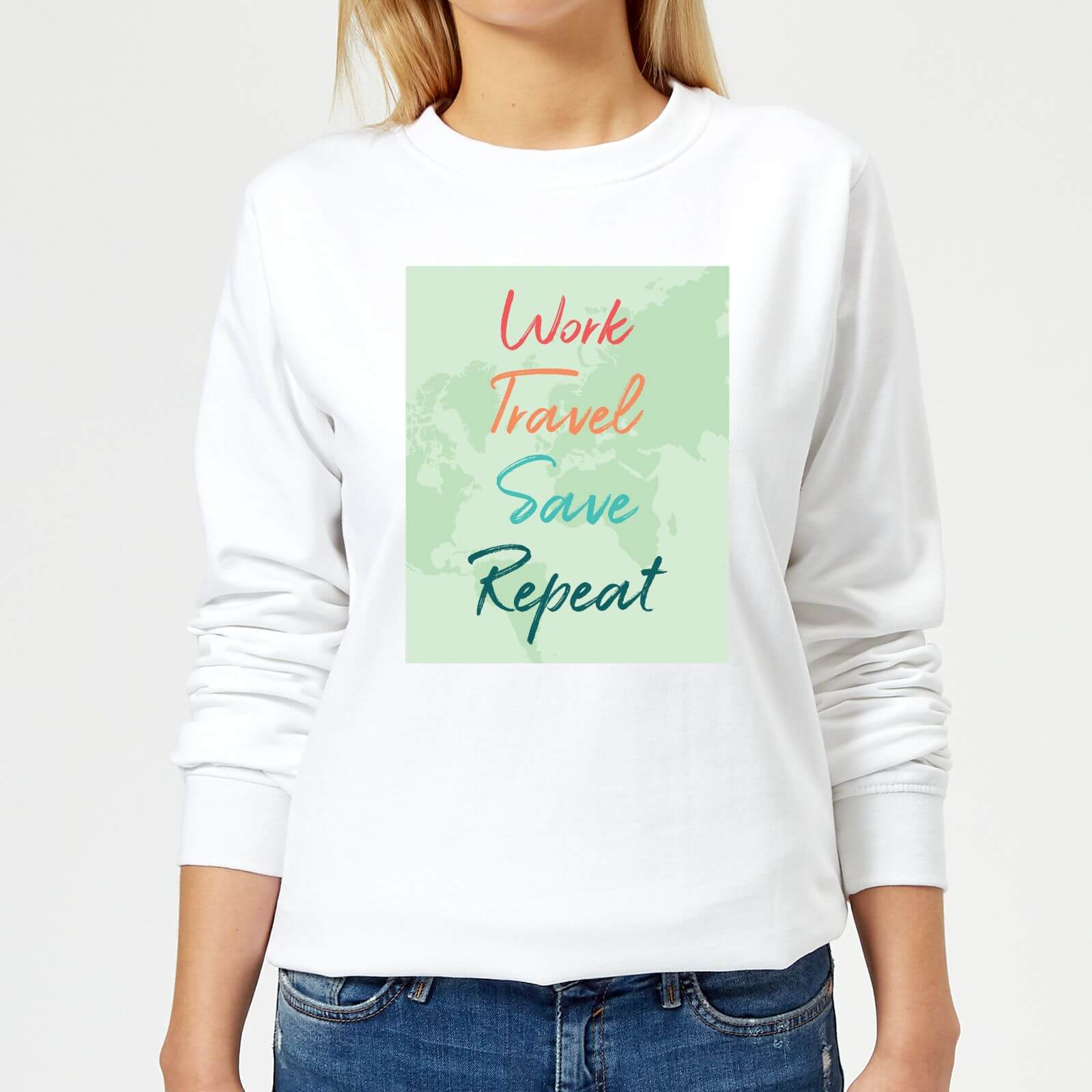 Work Travel Save Repeat Background Women's Sweatshirt - White - S - White