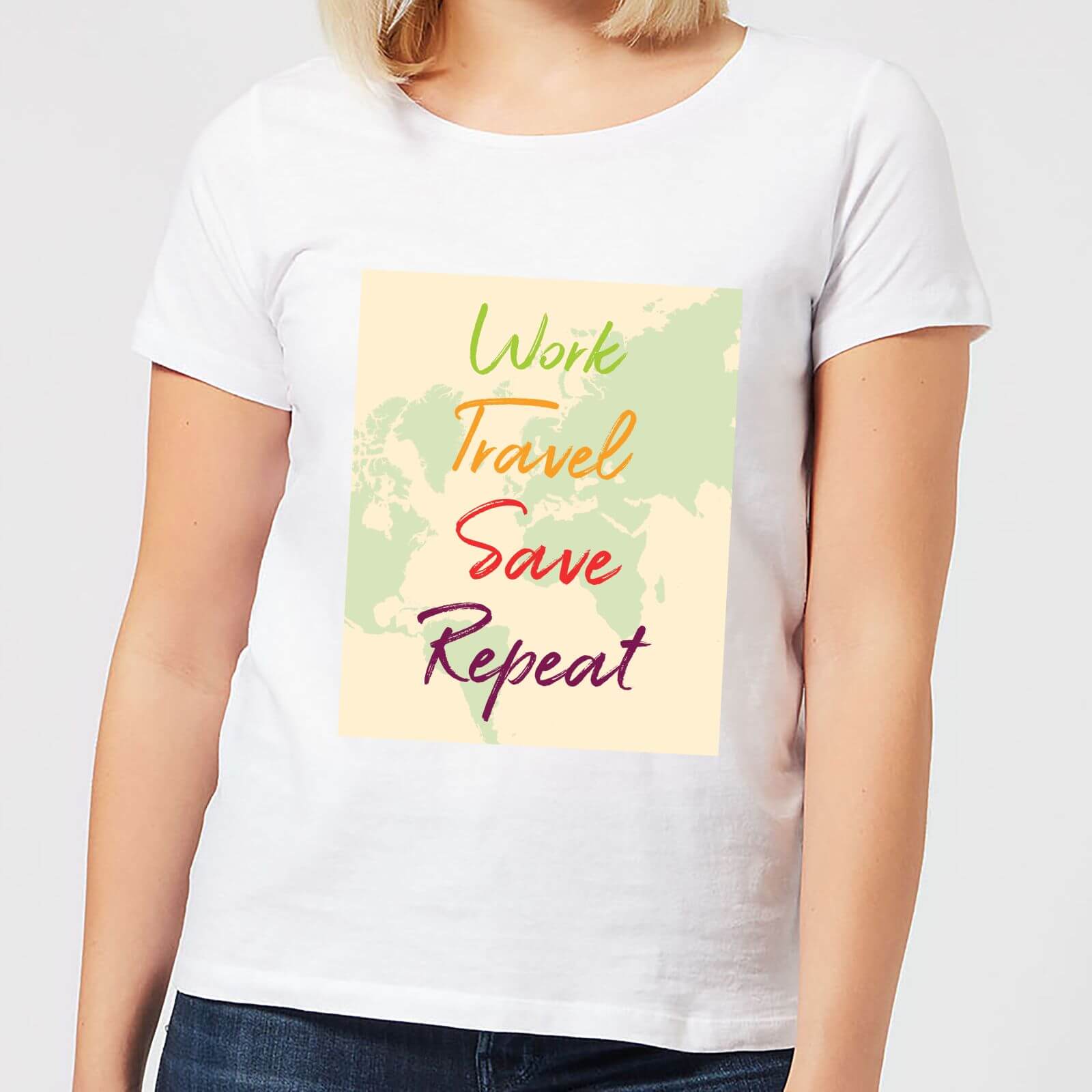 Work Travel Save Repeat Map Background Women's T-Shirt - White - XXL