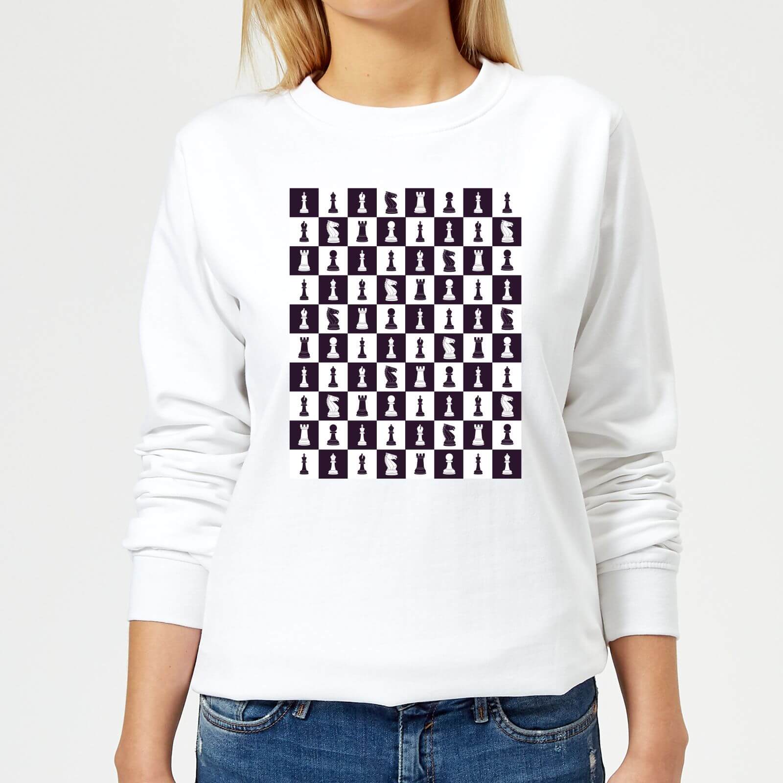 Chess Board Repeat Pattern Monochrome Women's Sweatshirt - White - XS - White