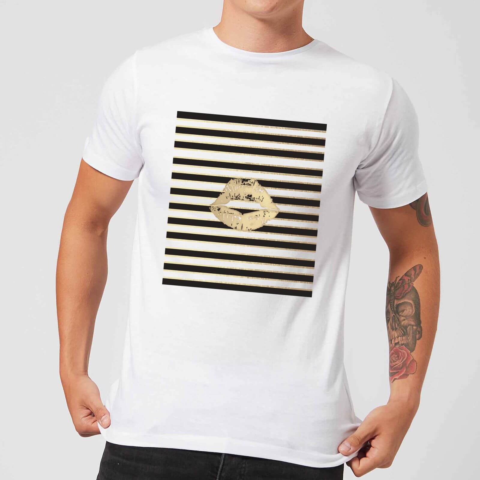 Lipstick Kiss Mark Striped Background Men's T-Shirt - White - 5XL