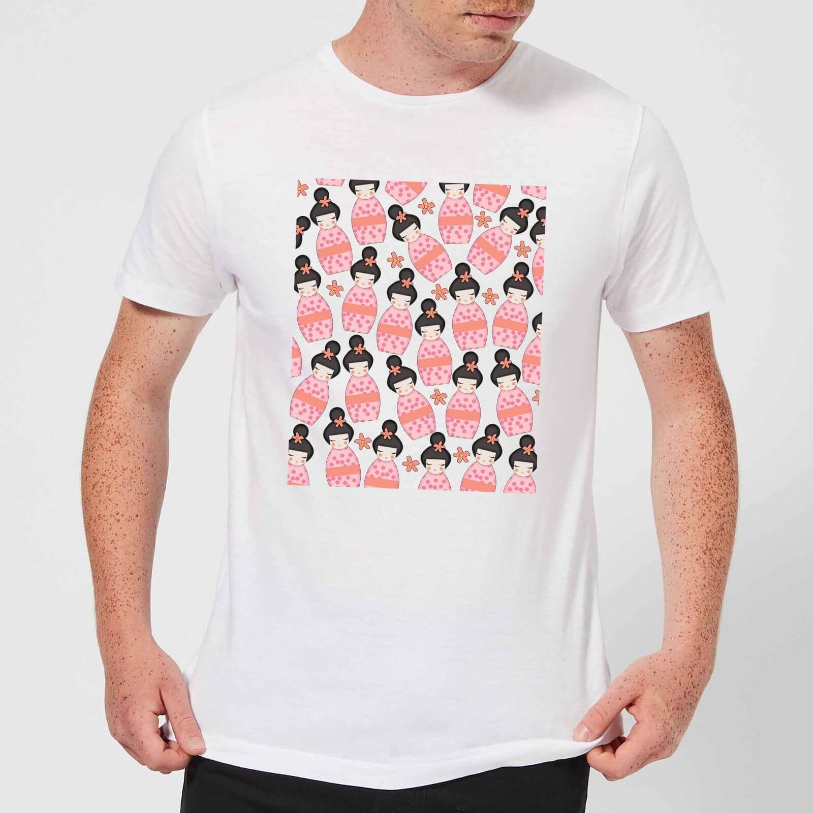 Pink Geisha Scattered Pattern Men's T-Shirt - White - S - White