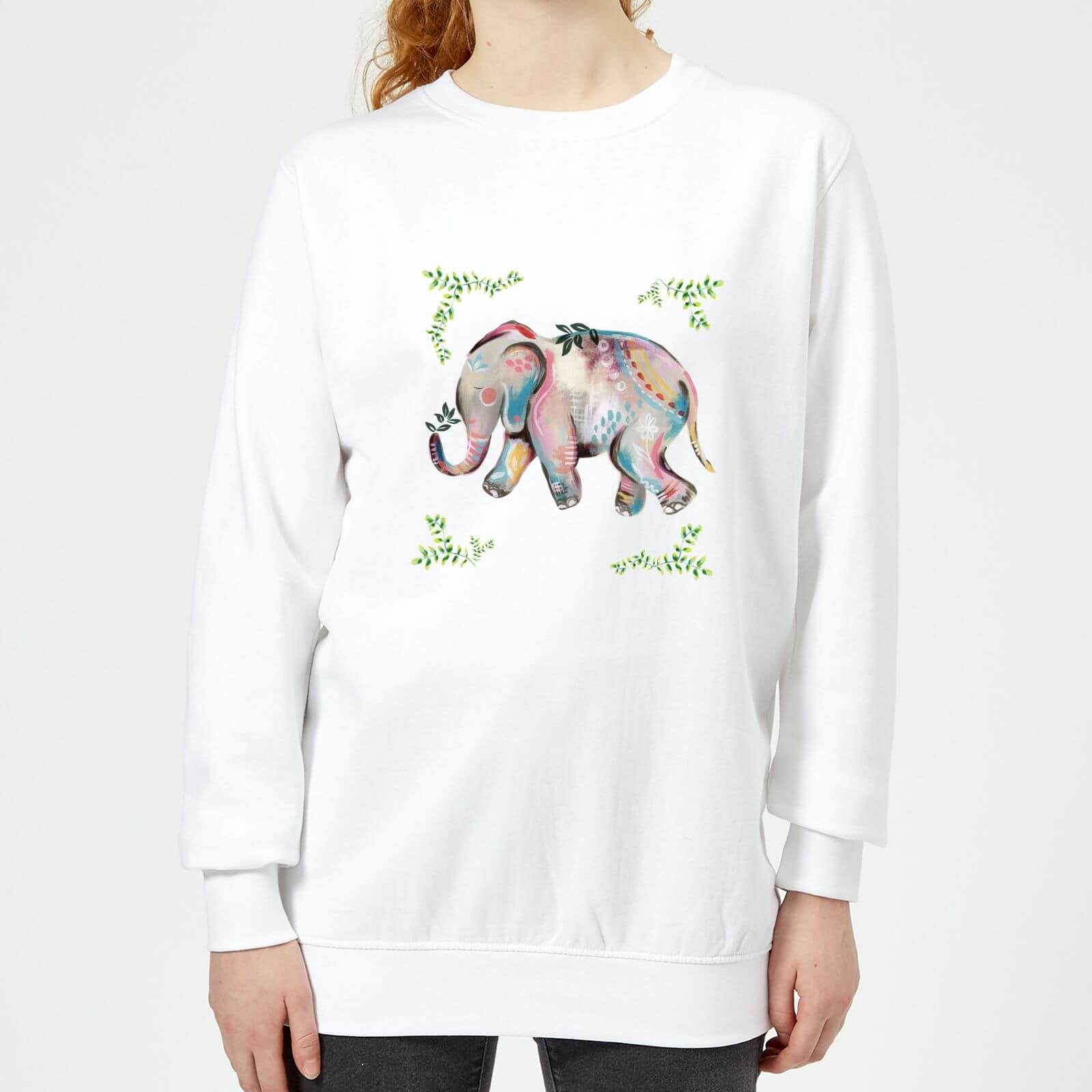 Indian Elephant With Leaf Border Women's Sweatshirt - White - XS - White