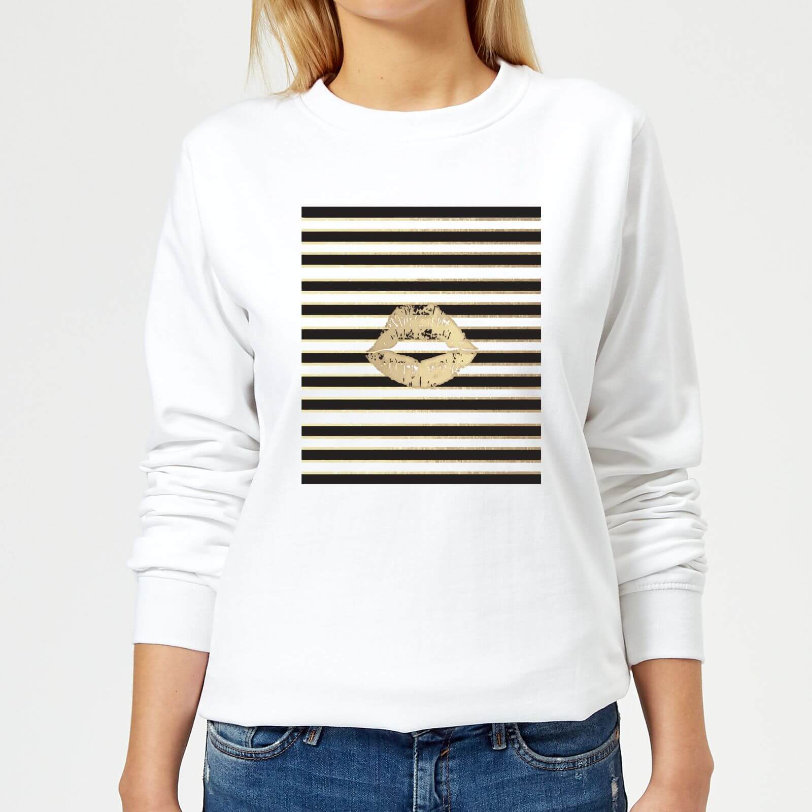 Lipstick Kiss Mark Striped Background Women's Sweatshirt - White - XS - White