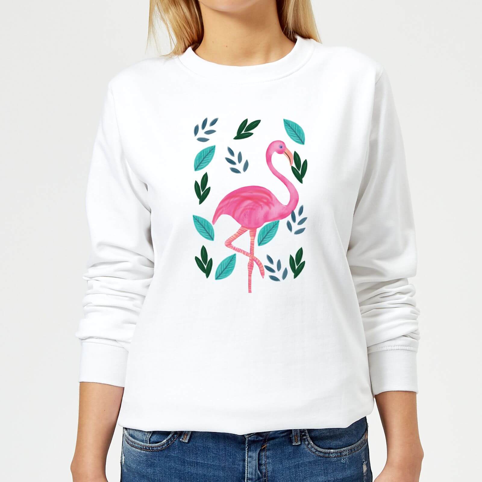 Flamingo And Leaves Women's Sweatshirt - White - XS - White