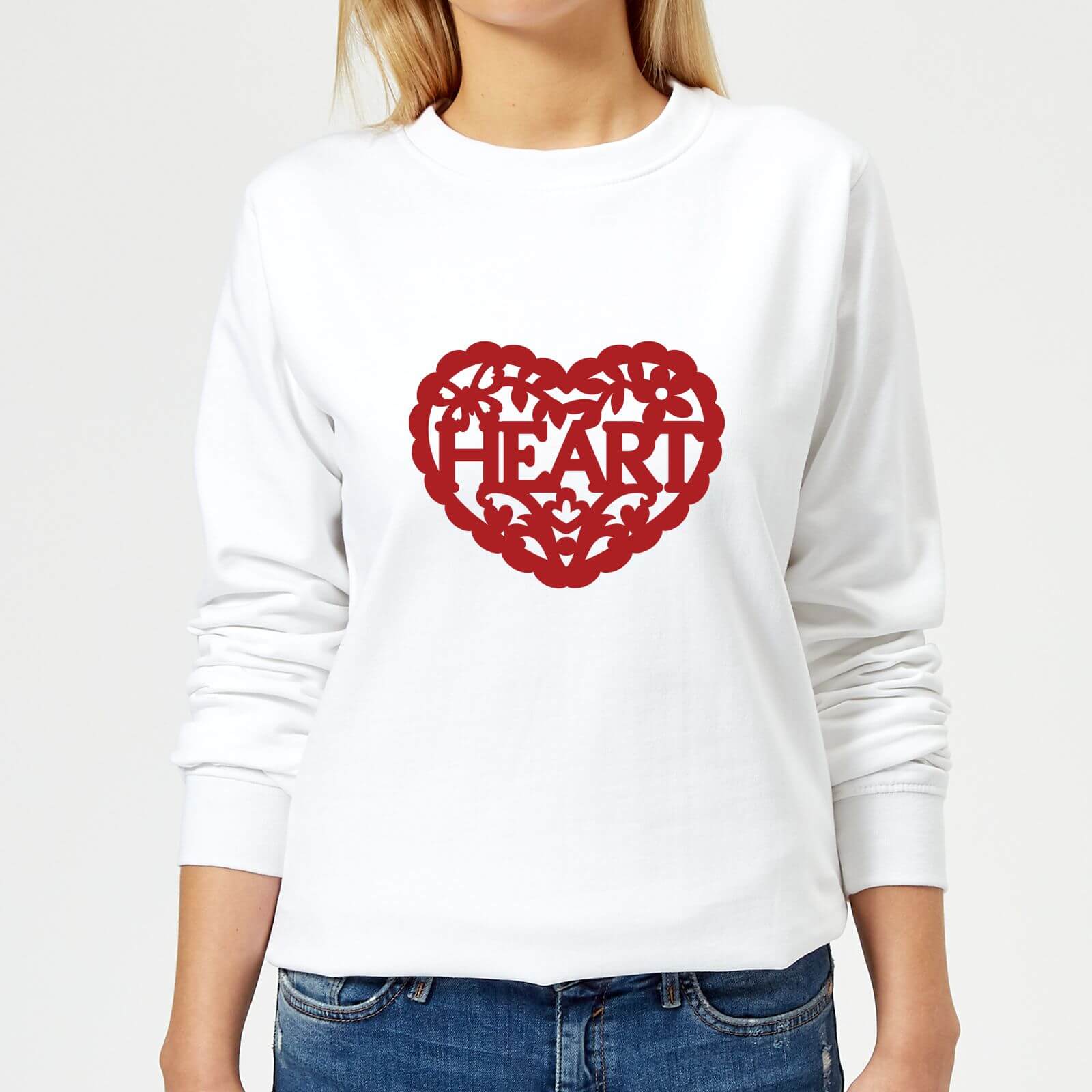 Red Cut Out Heart Text Women's Sweatshirt - White - XS - White