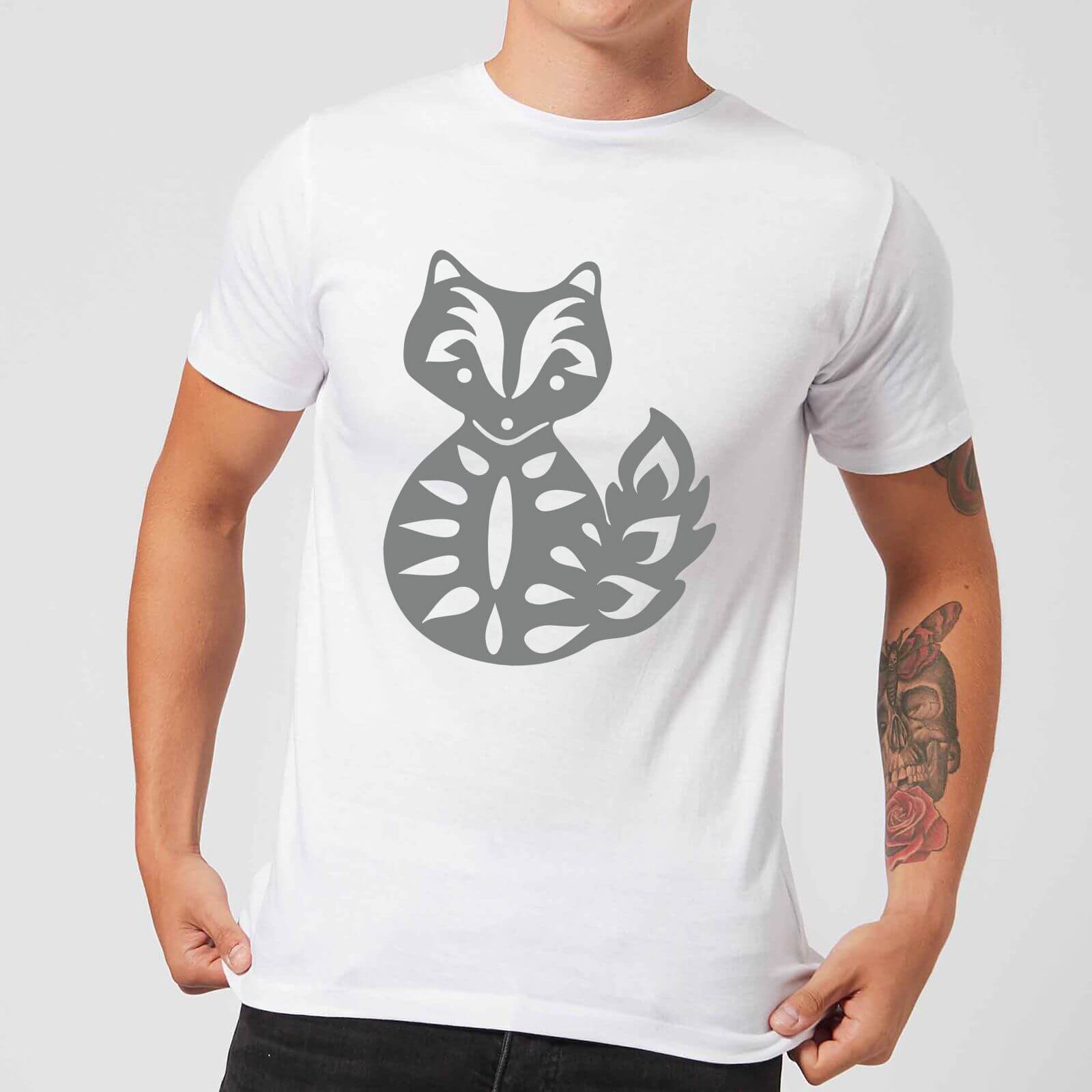 Candlelight Folk Silhouette Fox Cutout Men's T-Shirt - White - M - White
