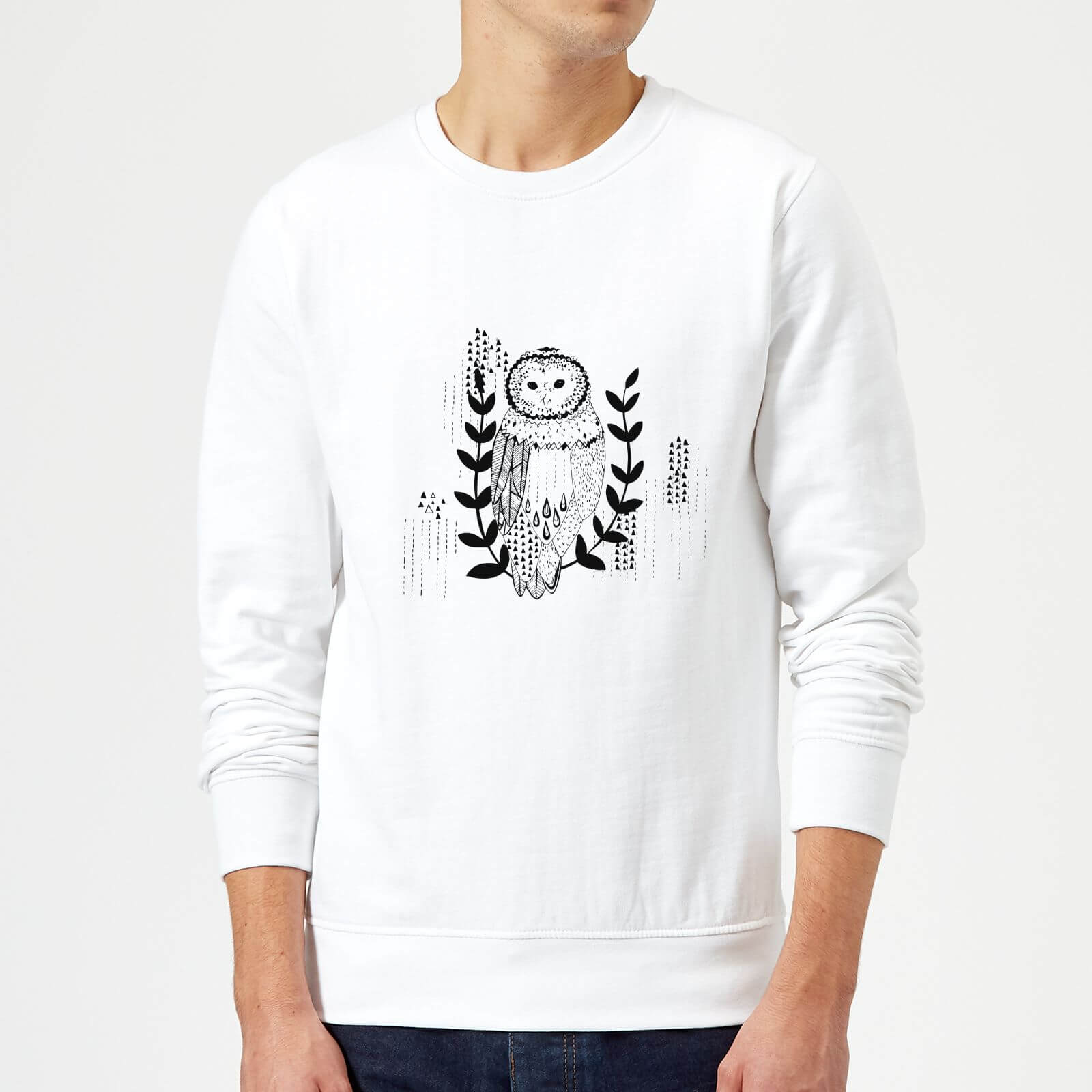 Candlelight Line Art Owl Sweatshirt - White - L - White